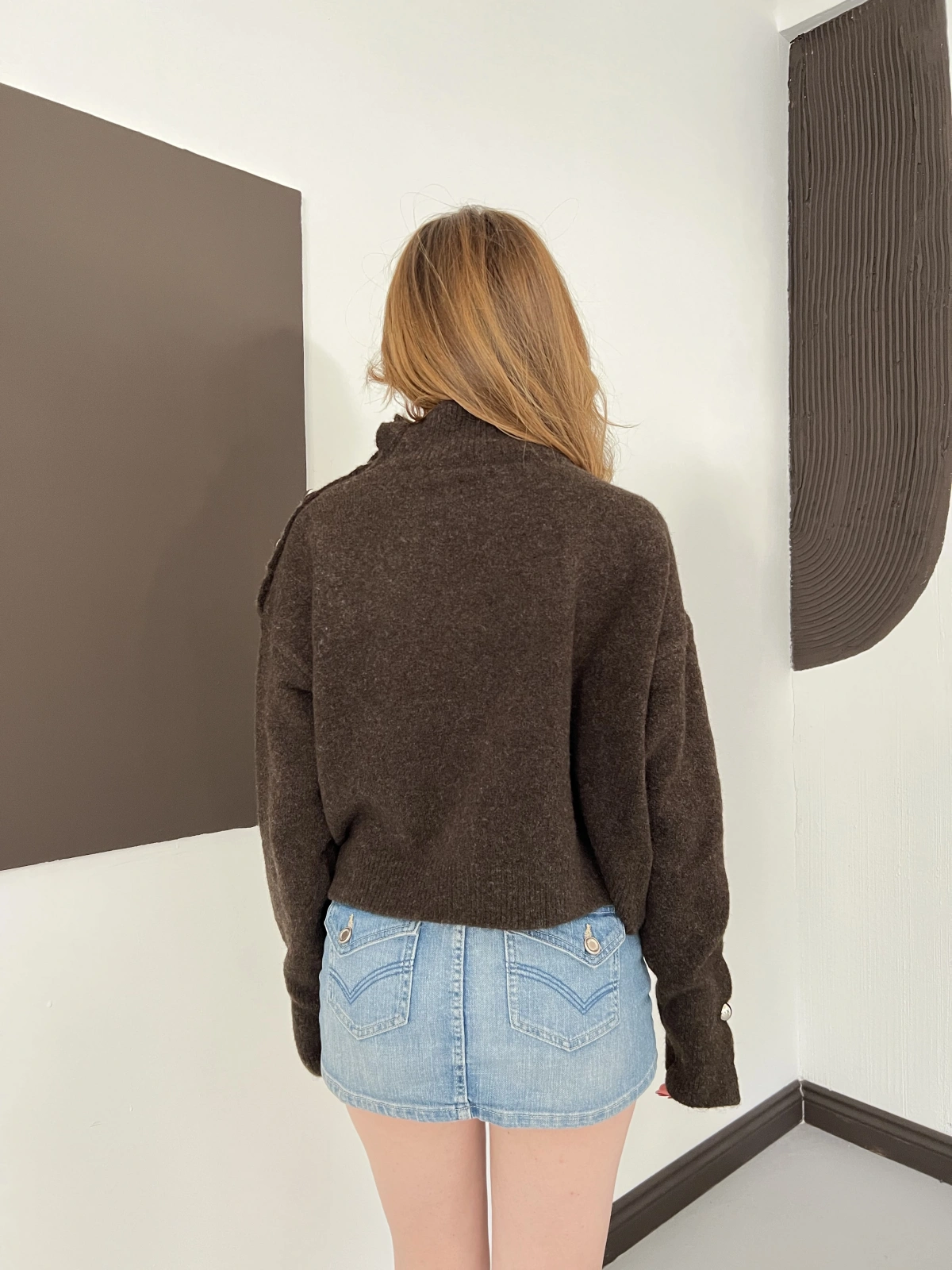 Dik Yaka Yumoş Oversize Crop Triko Kazak Kahve