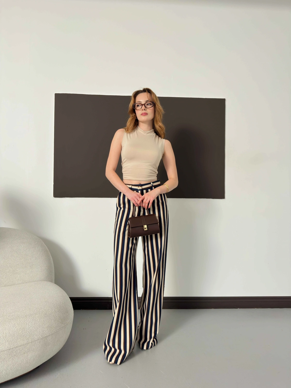 Dikey Çizgi Detaylı Geniş Paça Pantolon Lacivert