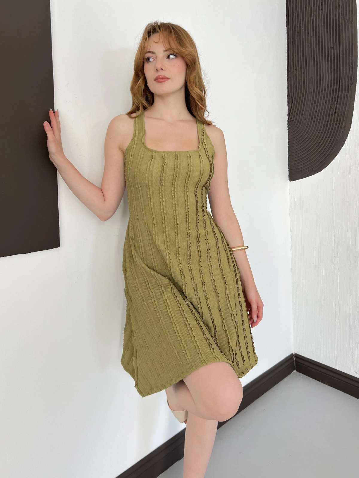 Dikiş Detaylı Asimetrik Mini Elbise Haki