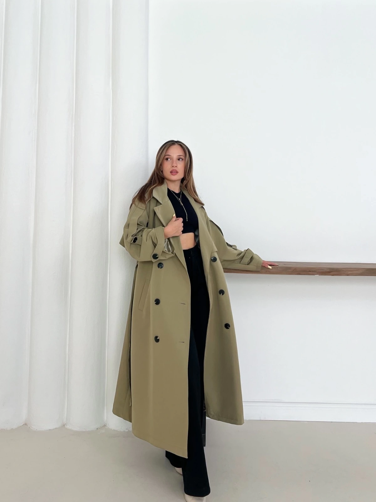 Düğme Detaylı Oversize Trençkot Haki