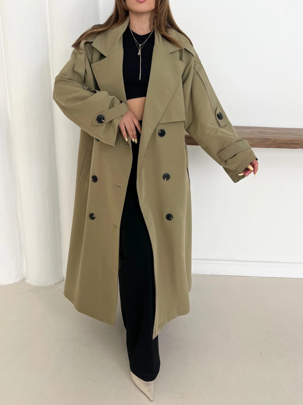 Düğme Detaylı Oversize Trençkot Haki