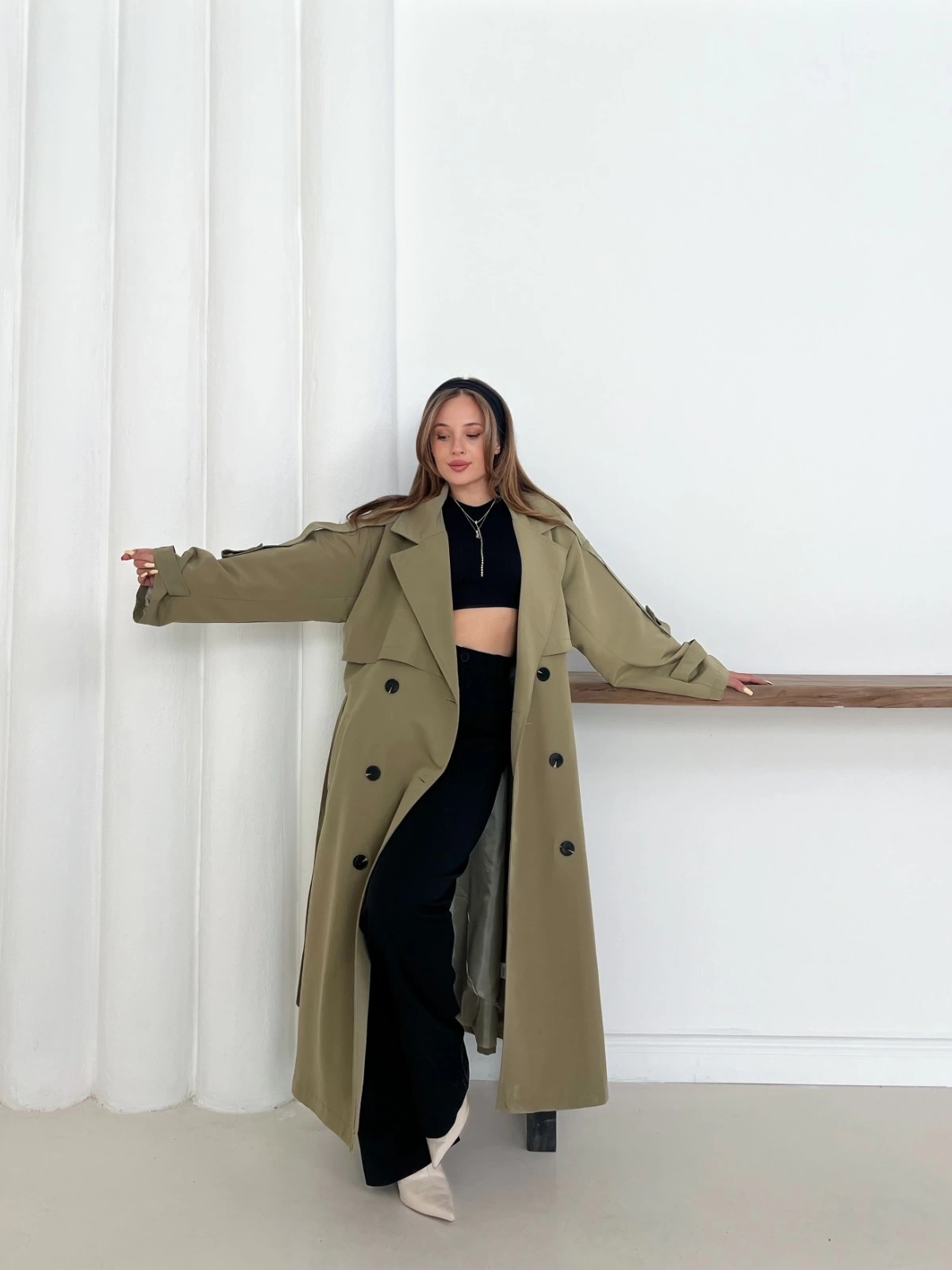 Düğme Detaylı Oversize Trençkot Haki