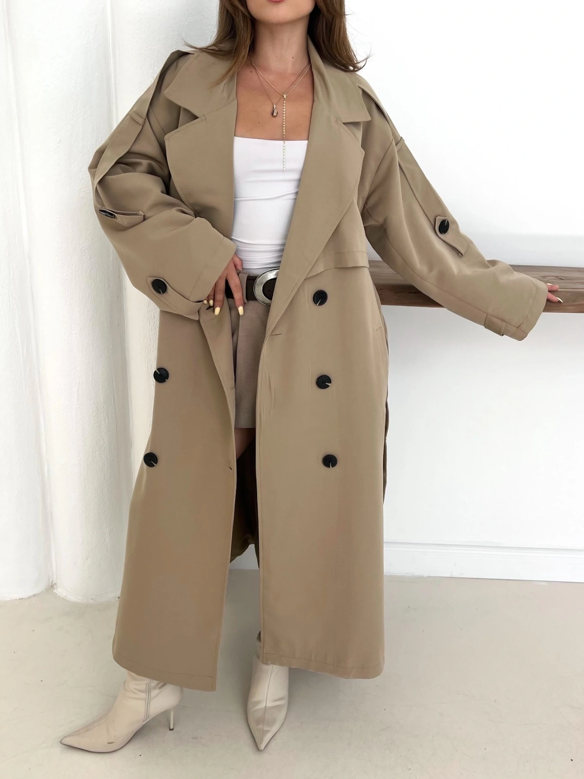 Düğme Detaylı Oversize Trençkot Krem
