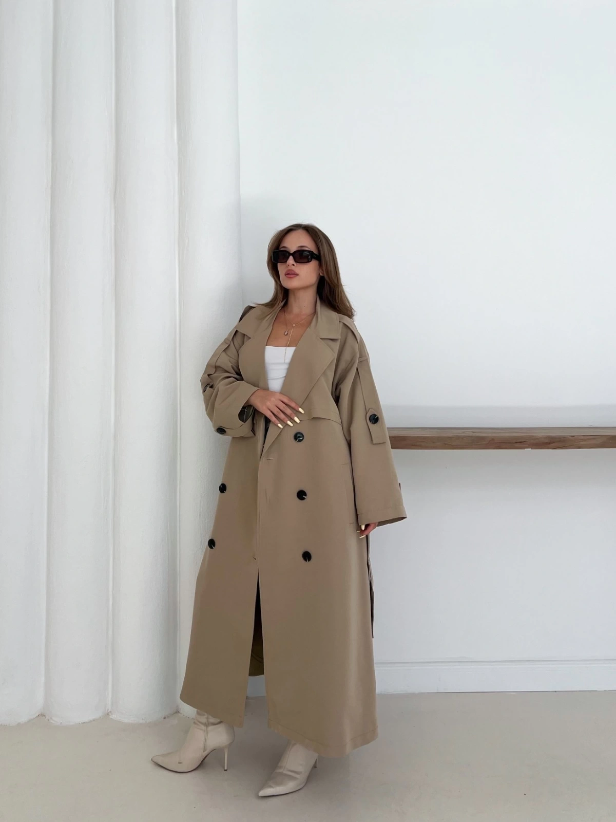 Düğme Detaylı Oversize Trençkot Krem