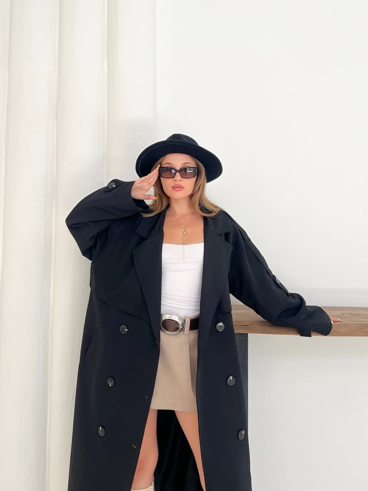 Düğme Detaylı Oversize Trençkot Siyah
