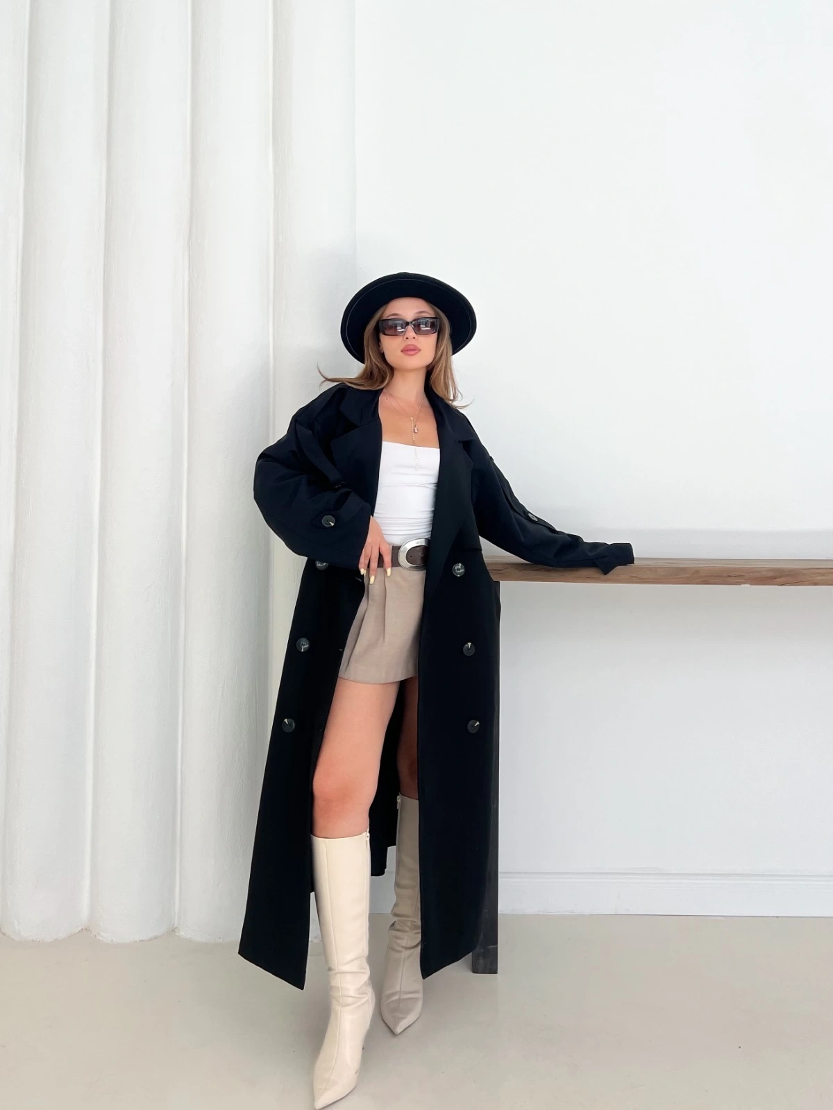 Düğme Detaylı Oversize Trençkot Siyah