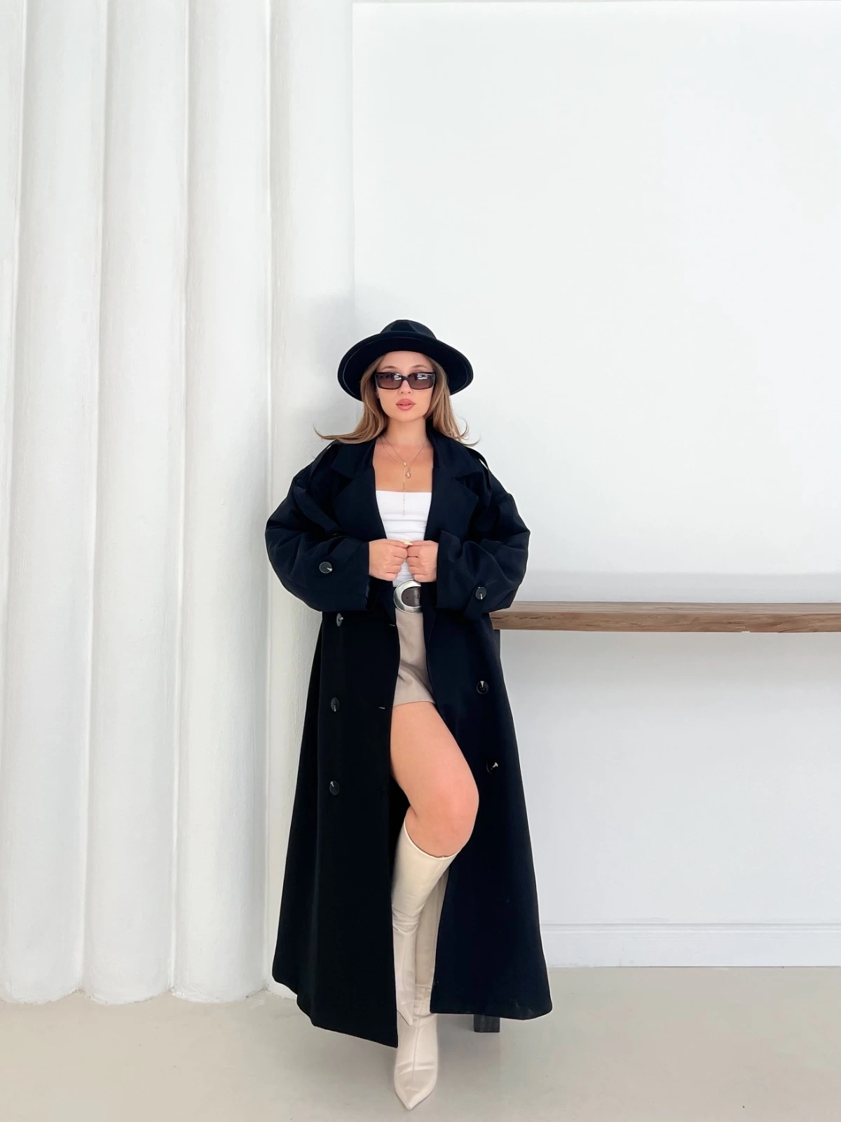 Düğme Detaylı Oversize Trençkot Siyah