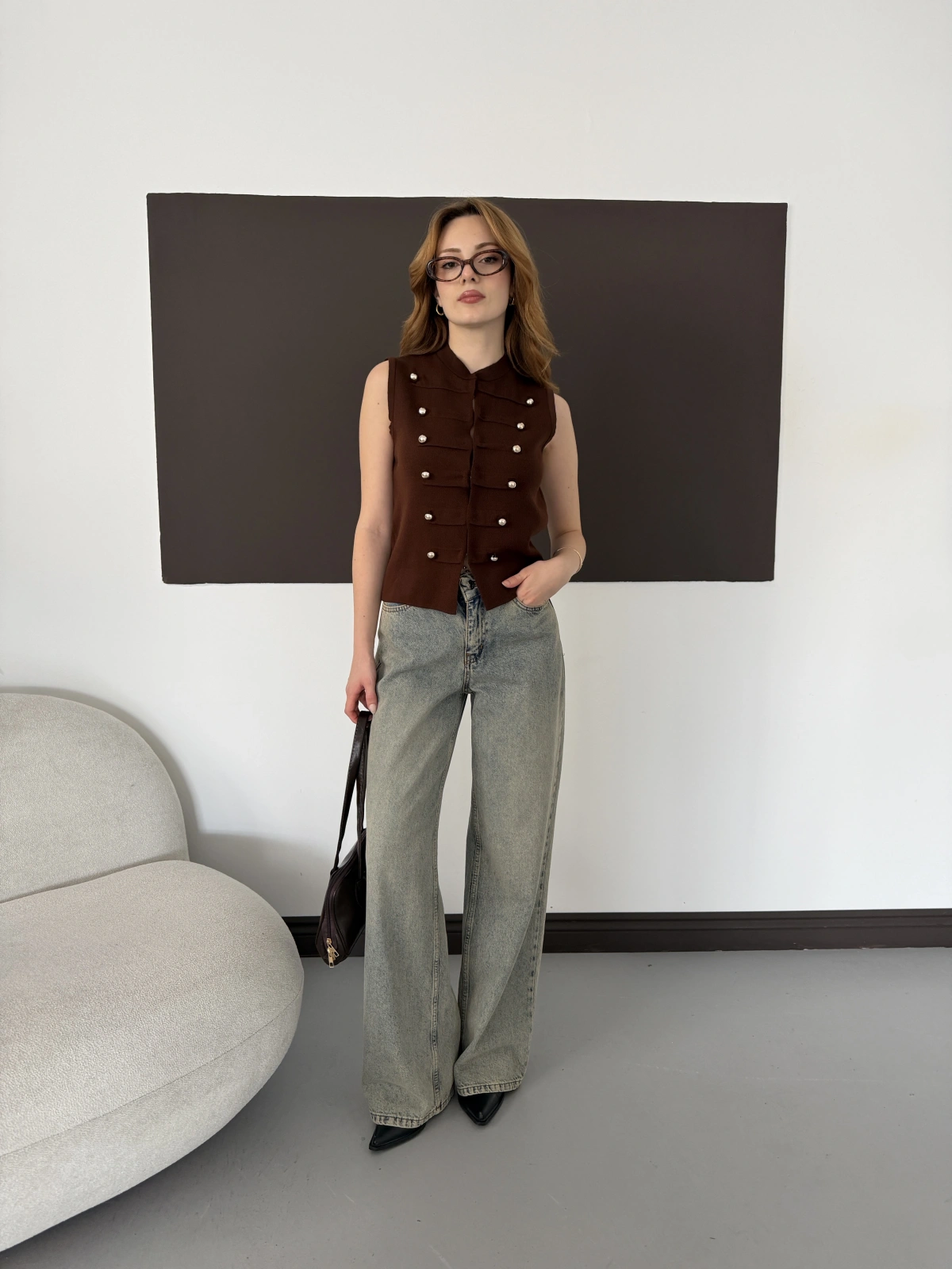 Düğme Detaylı Triko Vintage Yelek Kahve