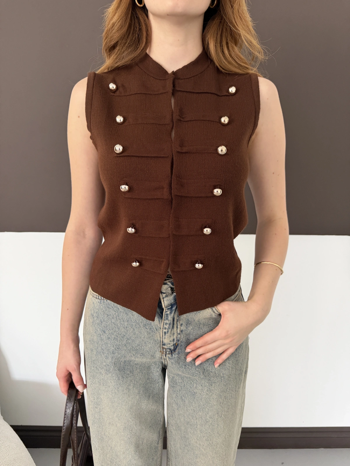 Düğme Detaylı Triko Vintage Yelek Kahve