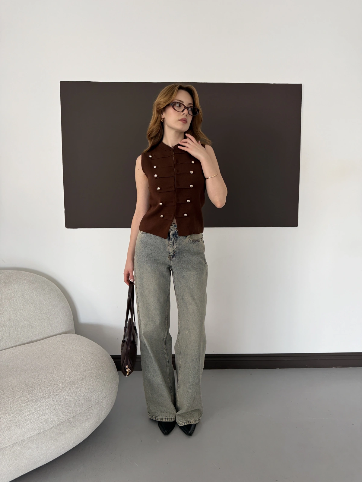 Düğme Detaylı Triko Vintage Yelek Kahve