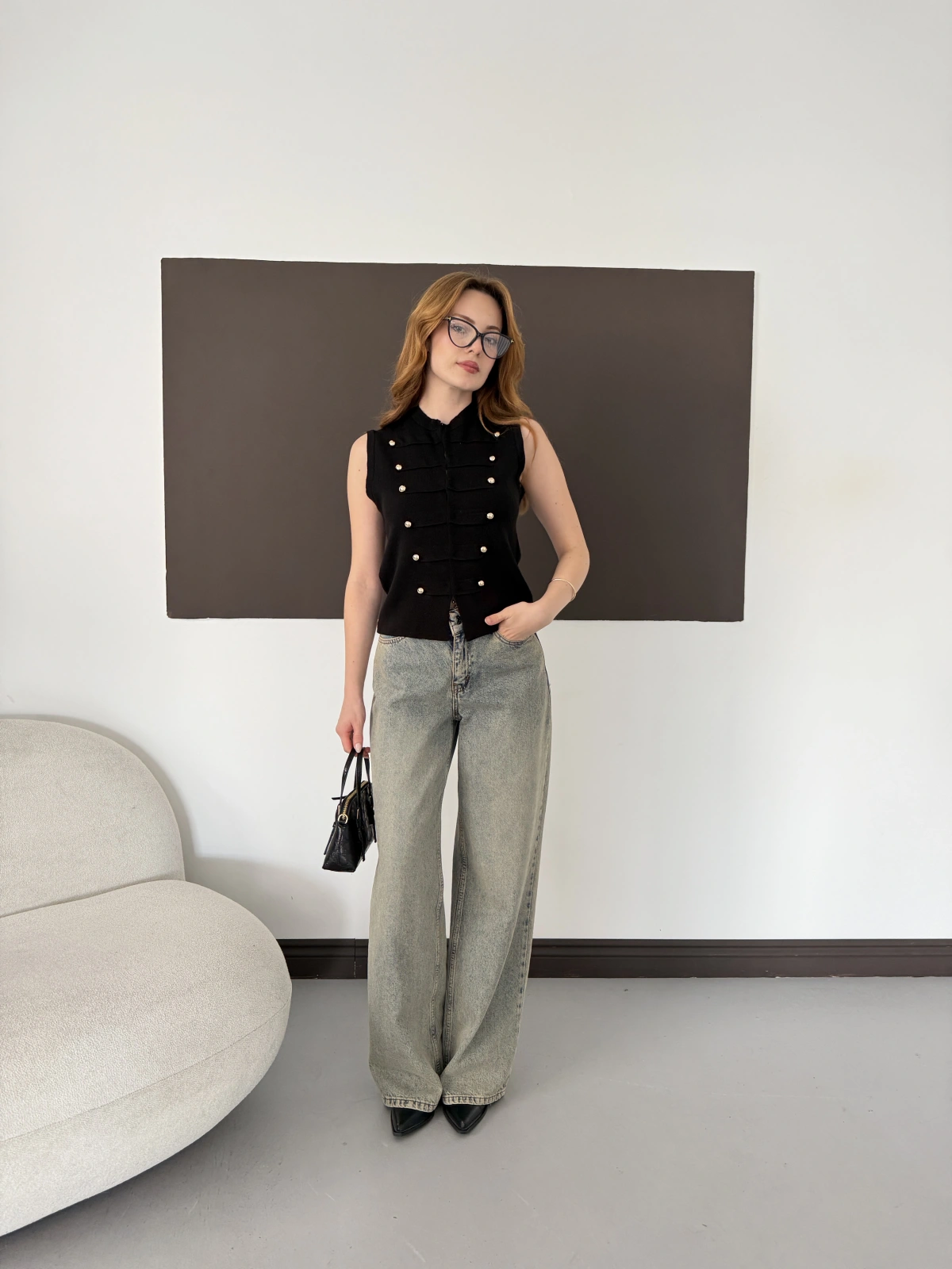 Düğme Detaylı Triko Vintage Yelek Siyah