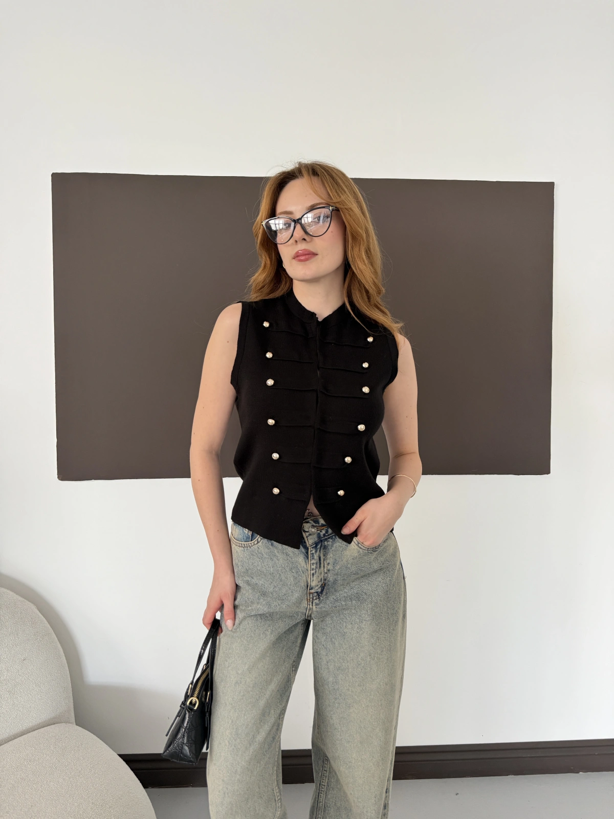 Düğme Detaylı Triko Vintage Yelek Siyah