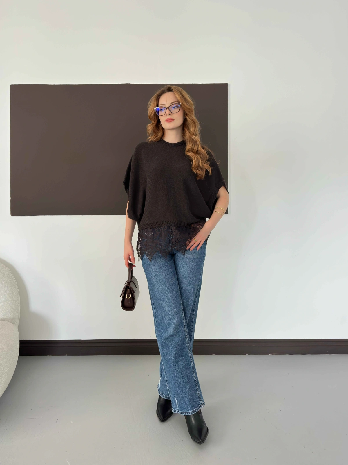 Etek Ucu Dantelli Oversize Triko Bluz Kahve
