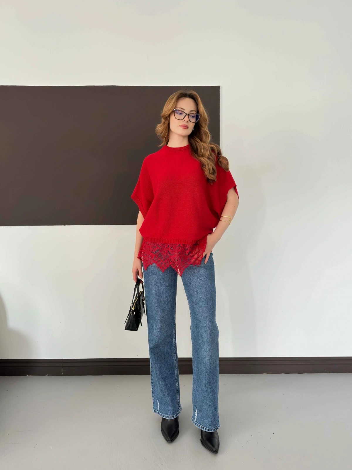 Etek Ucu Dantelli Oversize Triko Bluz Kırmızı