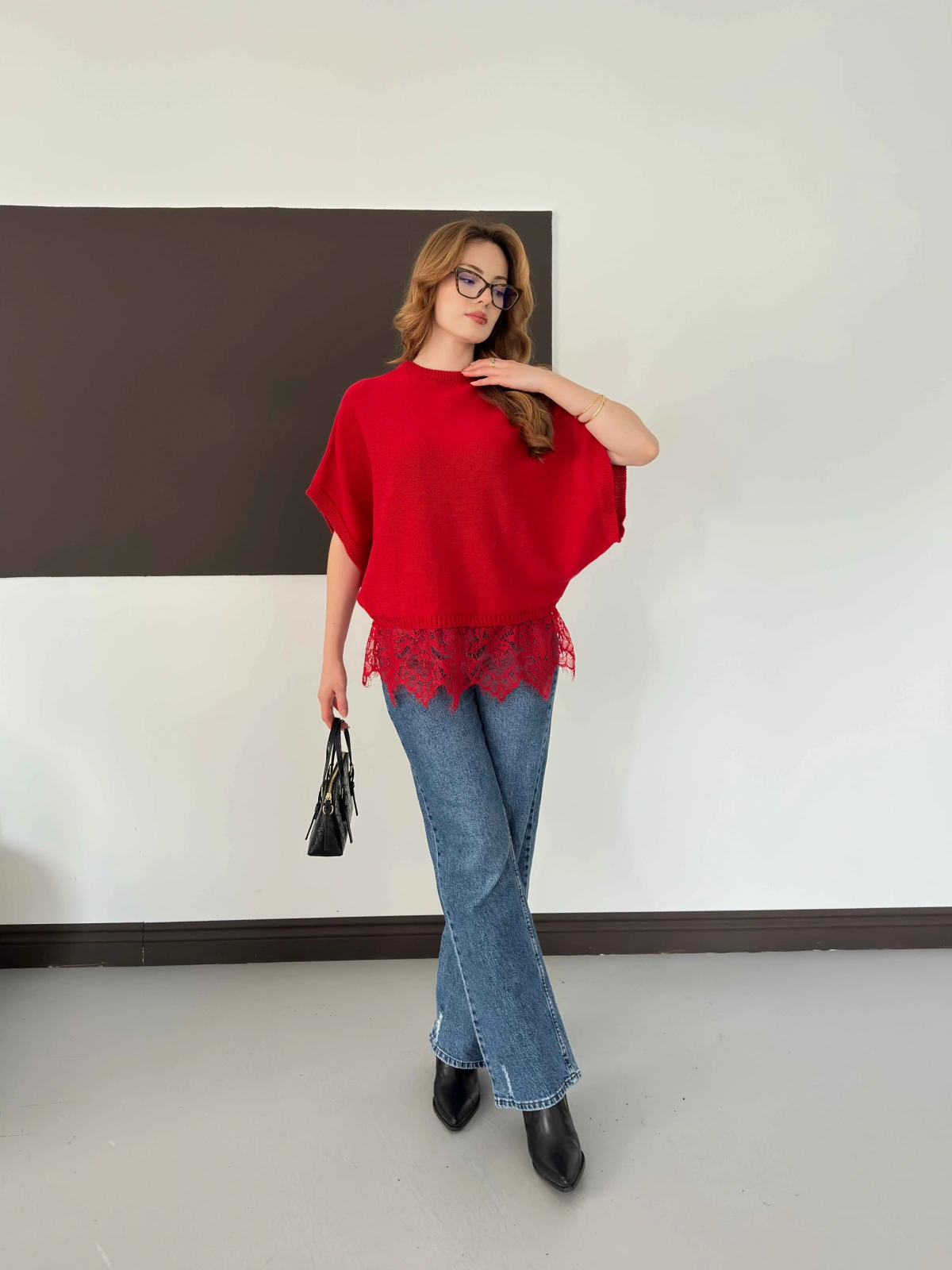 Etek Ucu Dantelli Oversize Triko Bluz Kırmızı