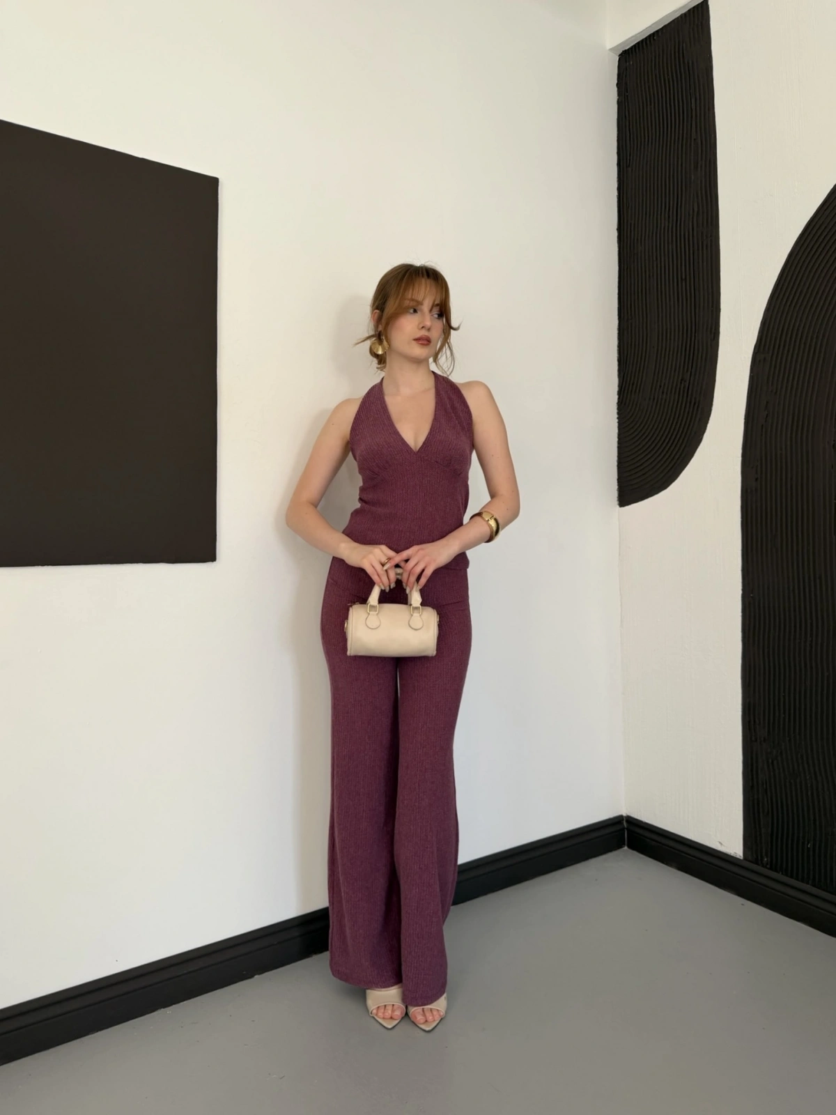 Fitilli Kumaş Sırt Dekolteli Takım Mürdüm