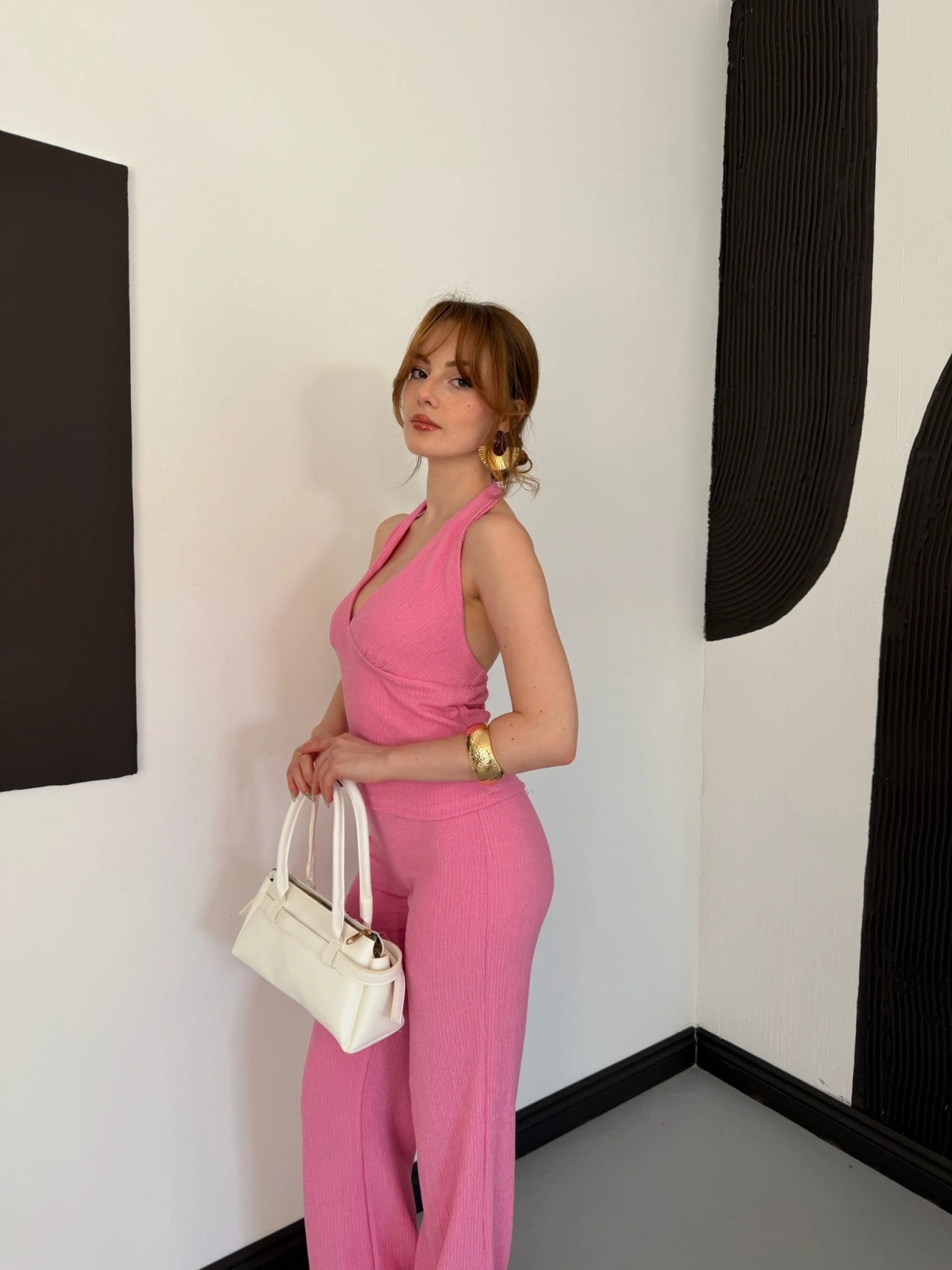 Fitilli Kumaş Sırt Dekolteli Takım Pembe