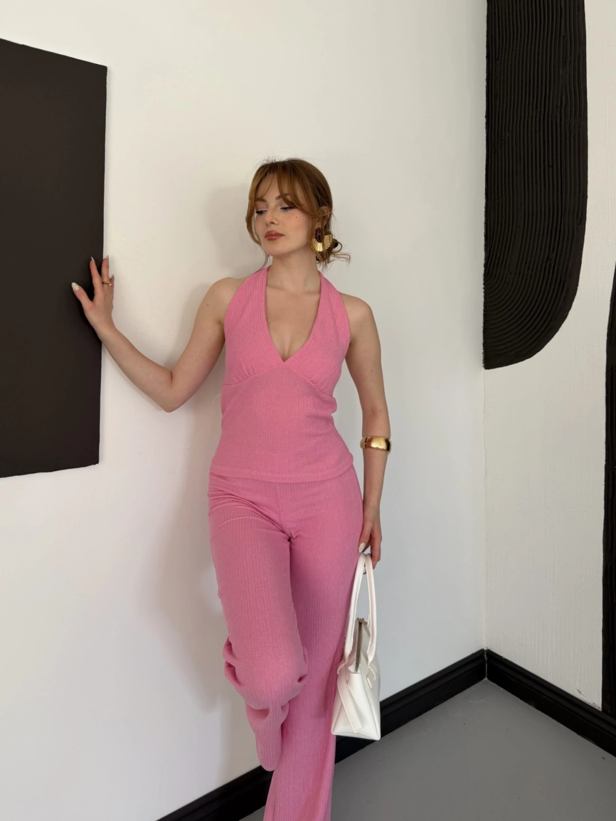 Fitilli Kumaş Sırt Dekolteli Takım Pembe