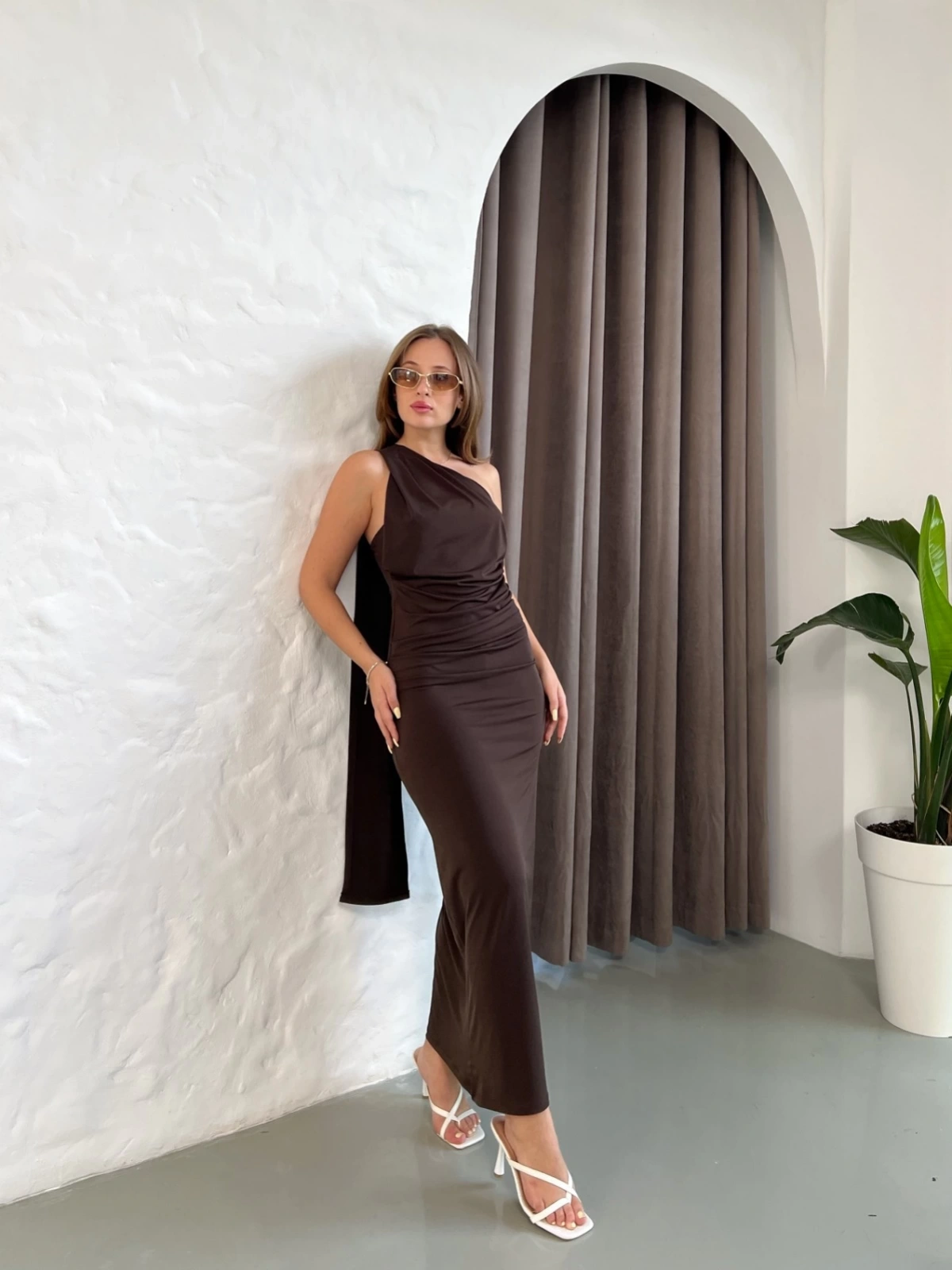 Flarlı Drapeli Sandy Elbise Kahve