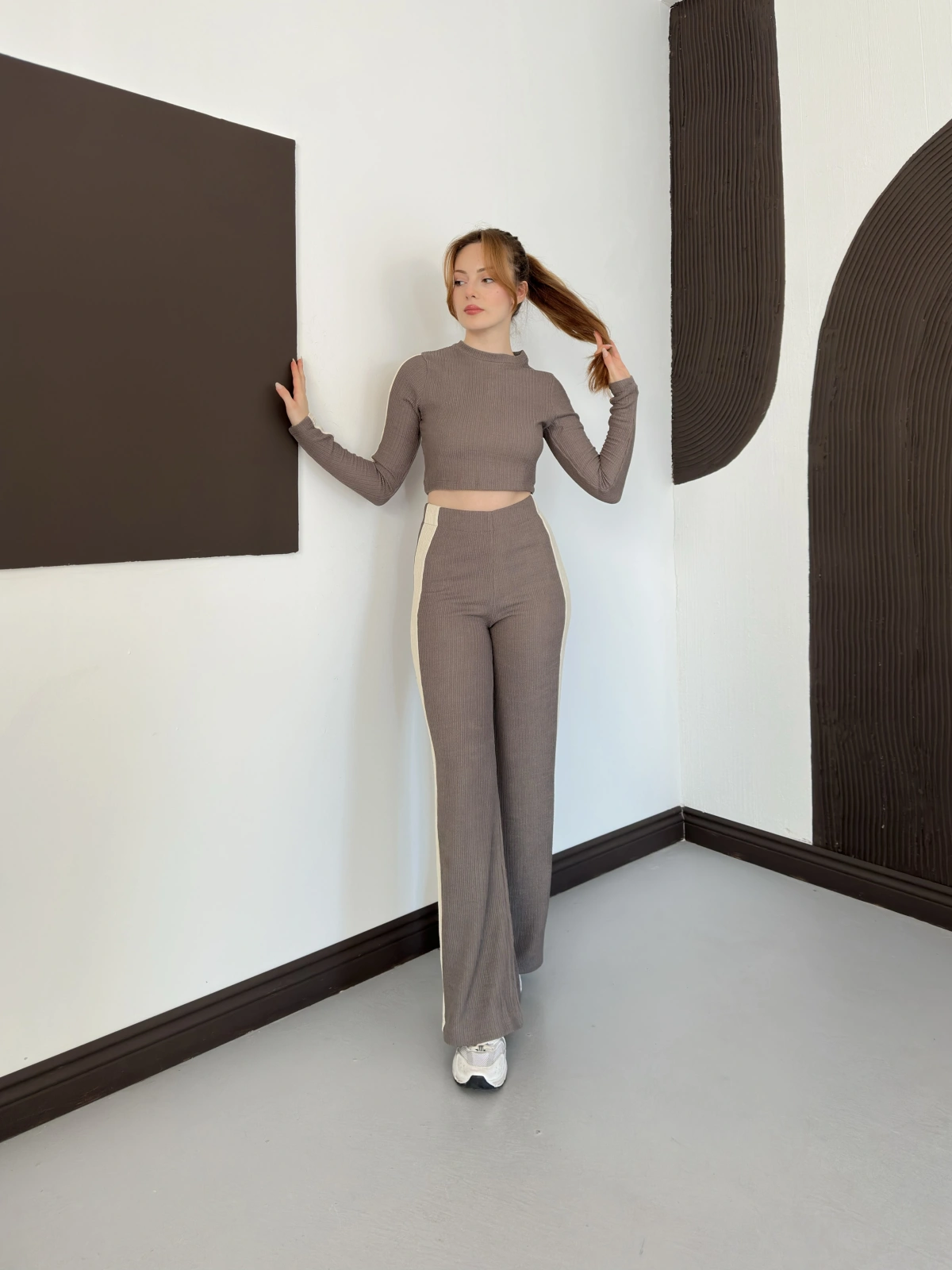 Garnili Yan Şerit Crop-Pantolon Takım Gri