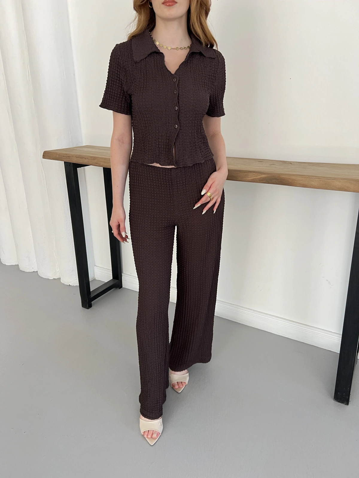 Gofre Kumaş İkili Takım Kahve