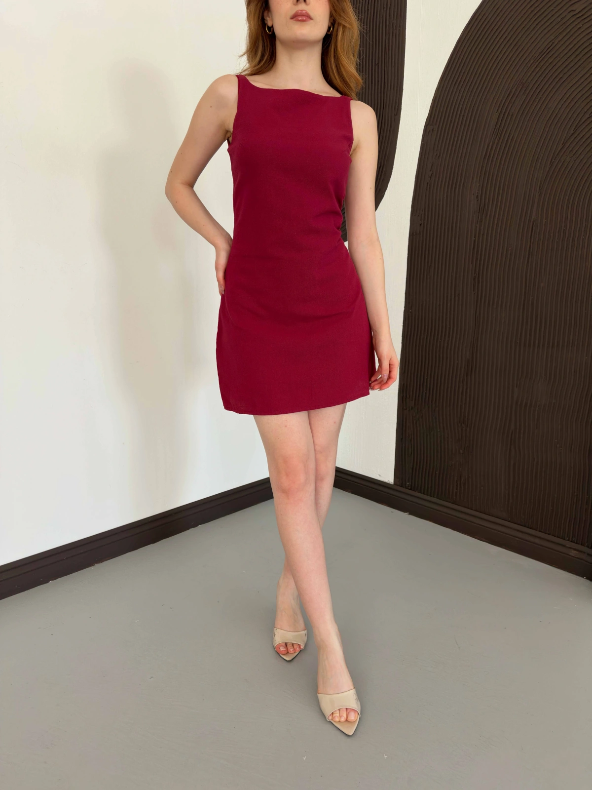 Ham Keten Basic Elbise Bordo