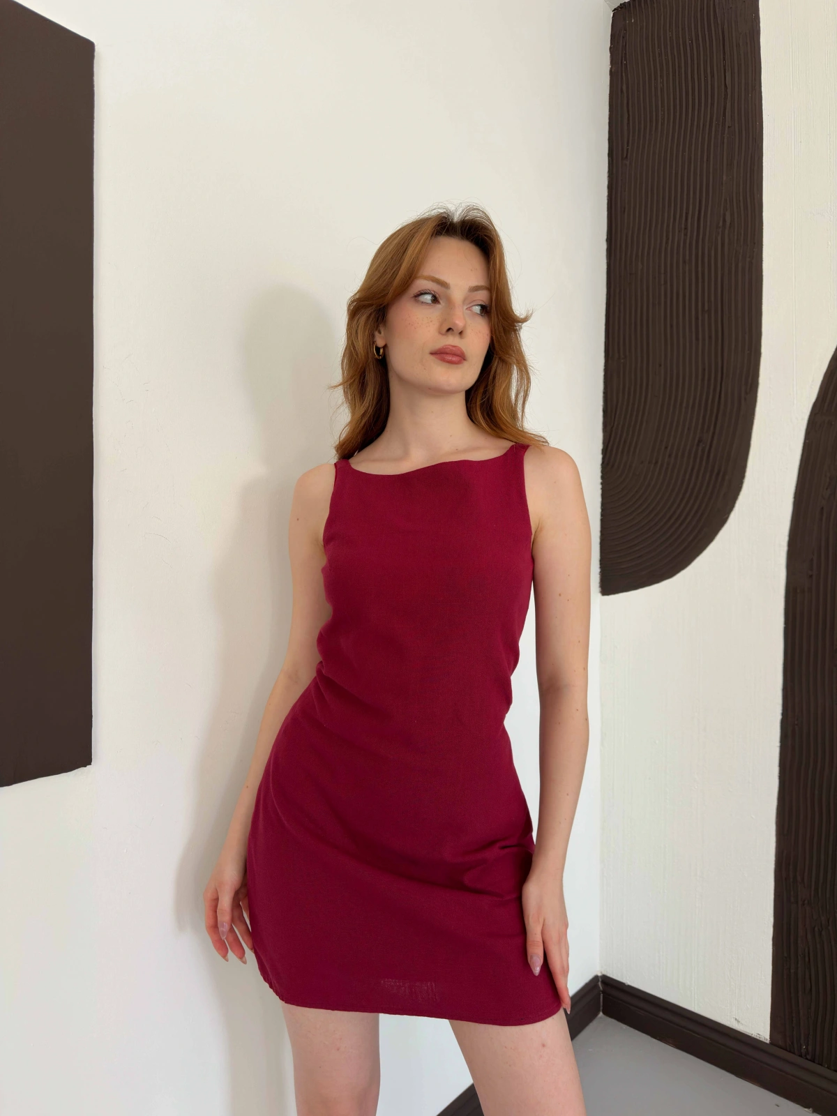 Ham Keten Basic Elbise Bordo
