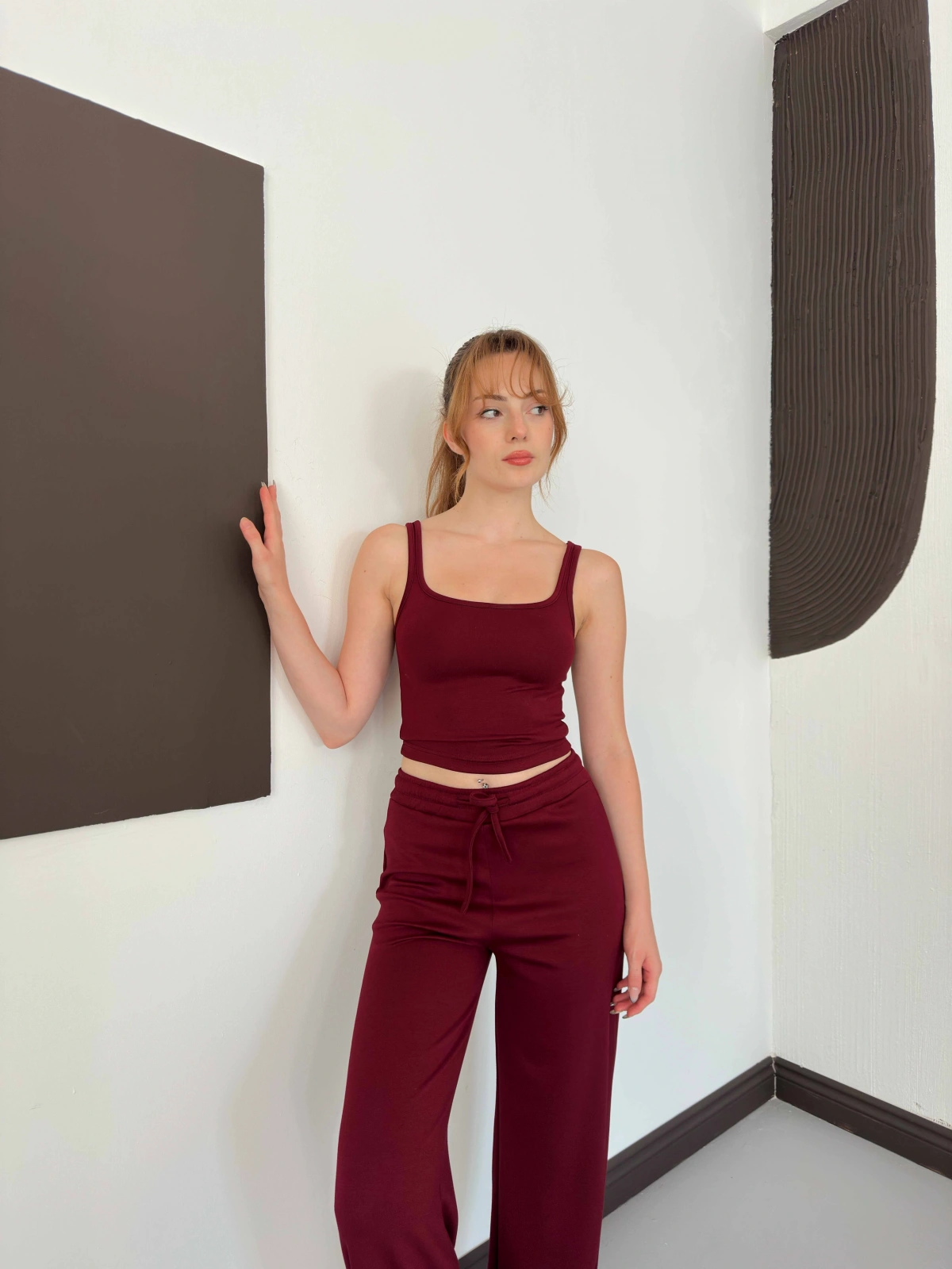 İp Askılı Yumaşak Dokulu Basic Atlet-Pantolon Takım Bordo