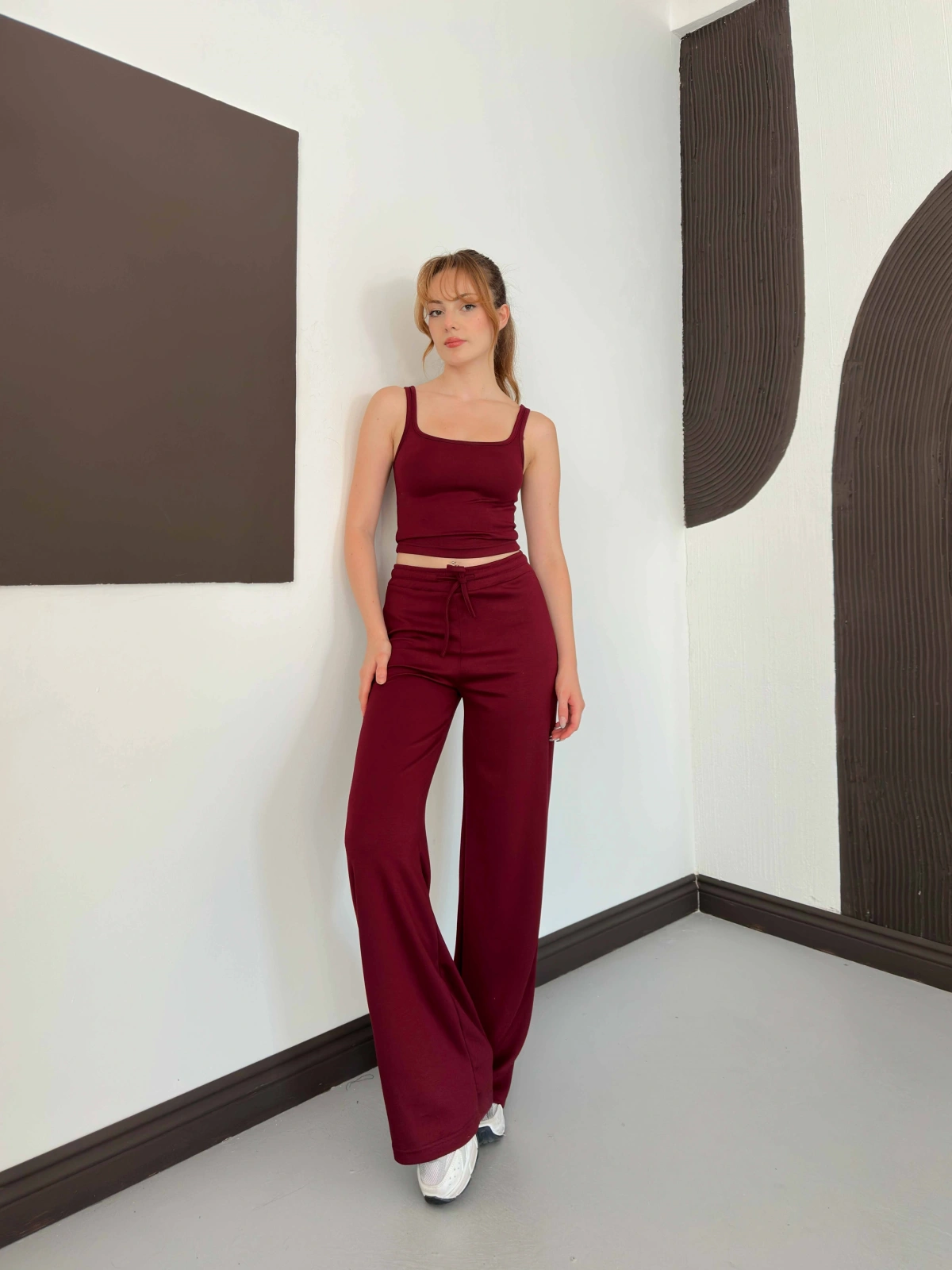 İp Askılı Yumaşak Dokulu Basic Atlet-Pantolon Takım Bordo