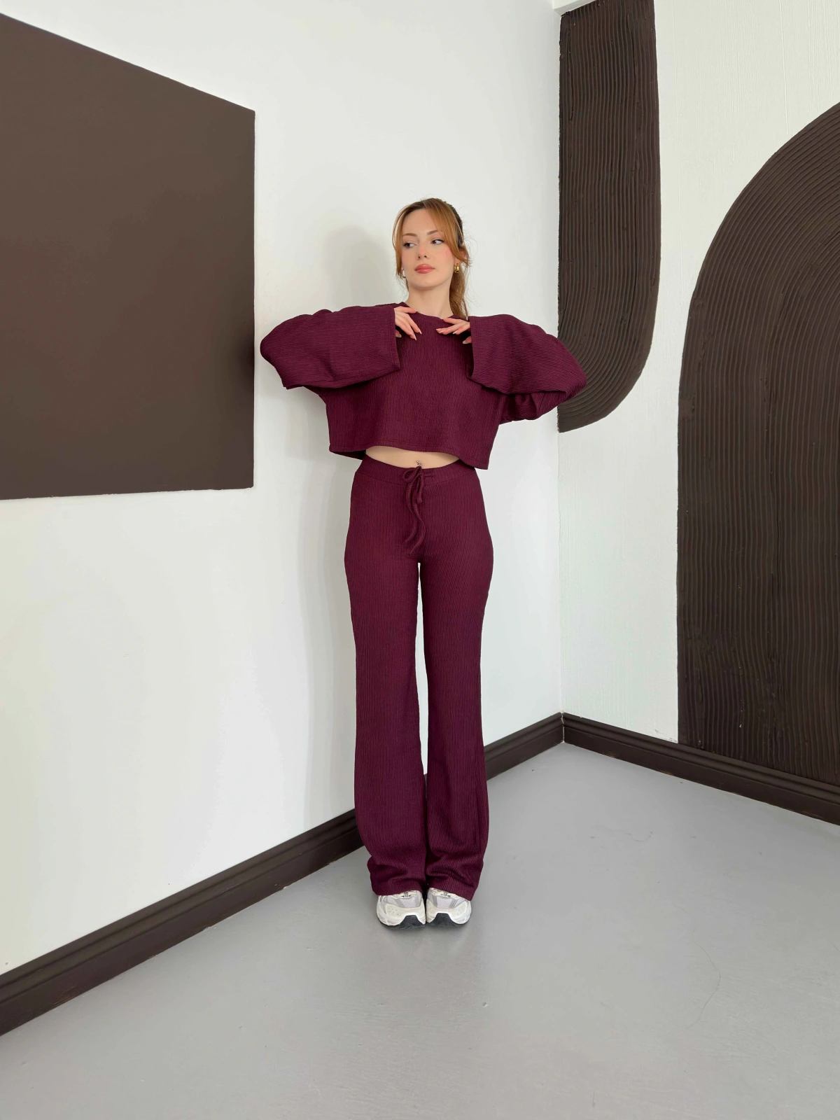 İspanyol Kol Crop- Bluz-Pantolon Takım Mürdüm