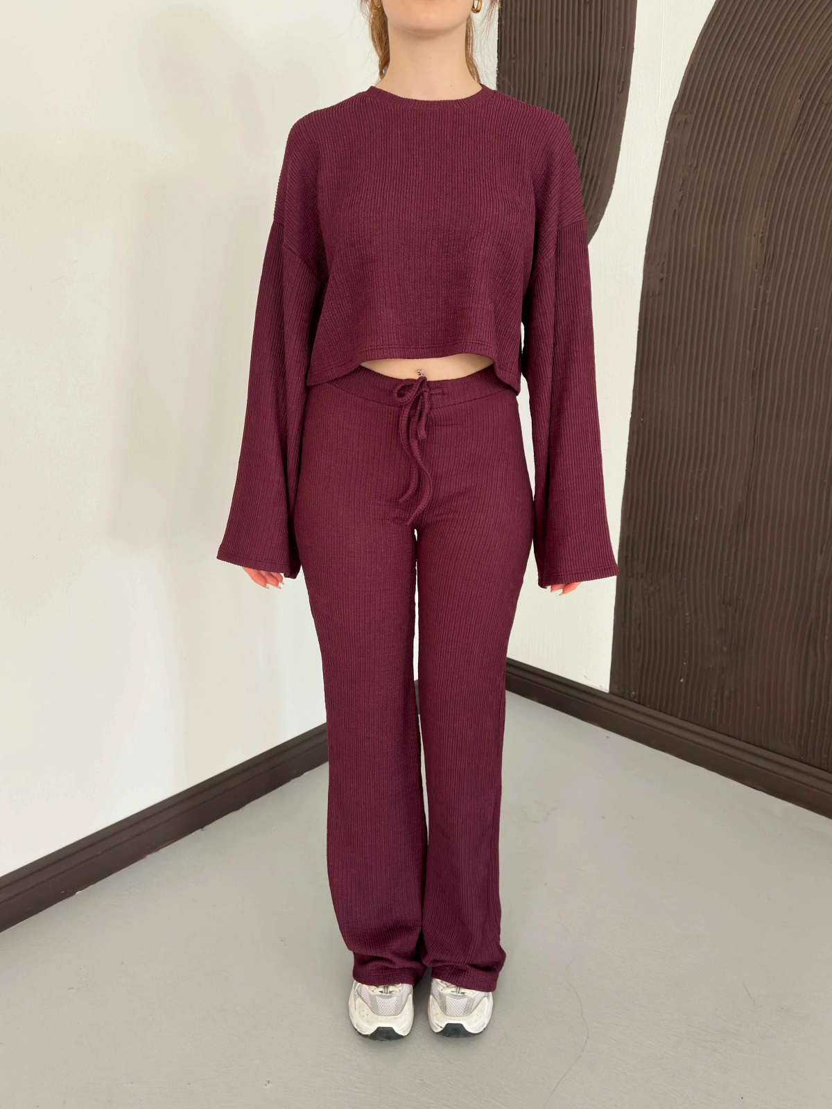 İspanyol Kol Crop- Bluz-Pantolon Takım Mürdüm