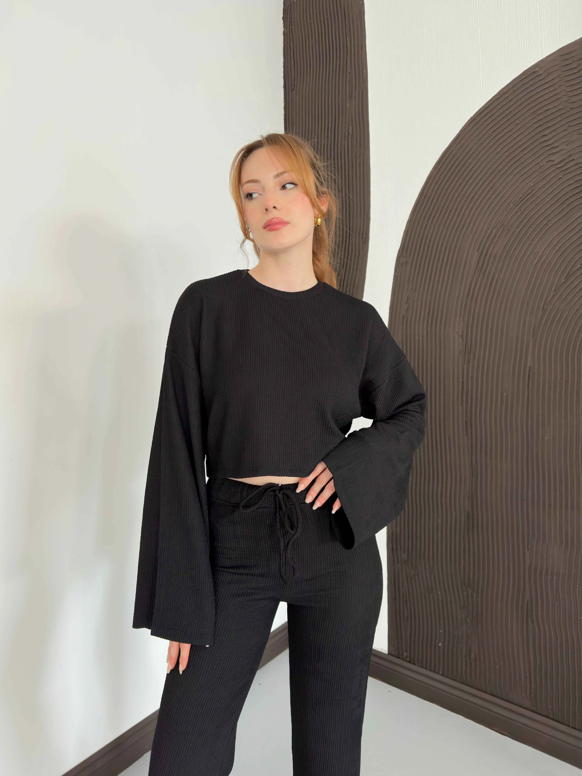 İspanyol Kol Crop- Bluz-Pantolon Takım Siyah