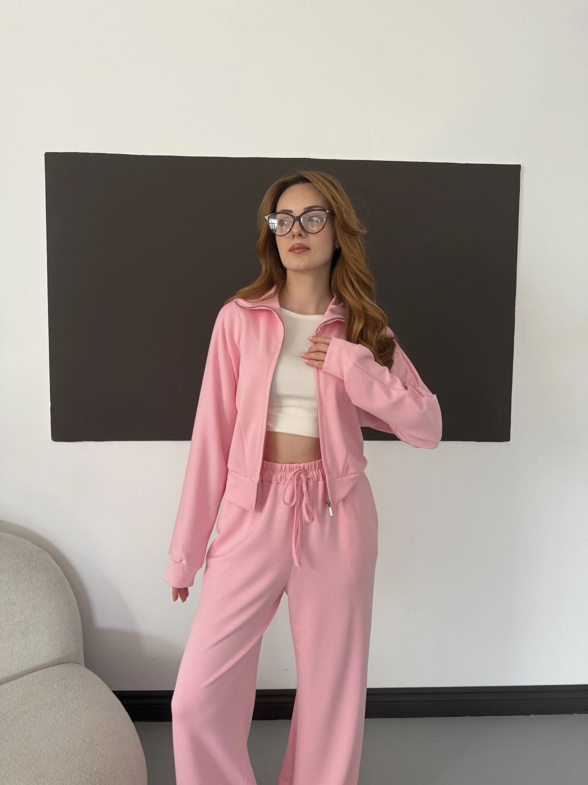 Kapüşonlu Modal Bol Paça İkili Takım Pembe