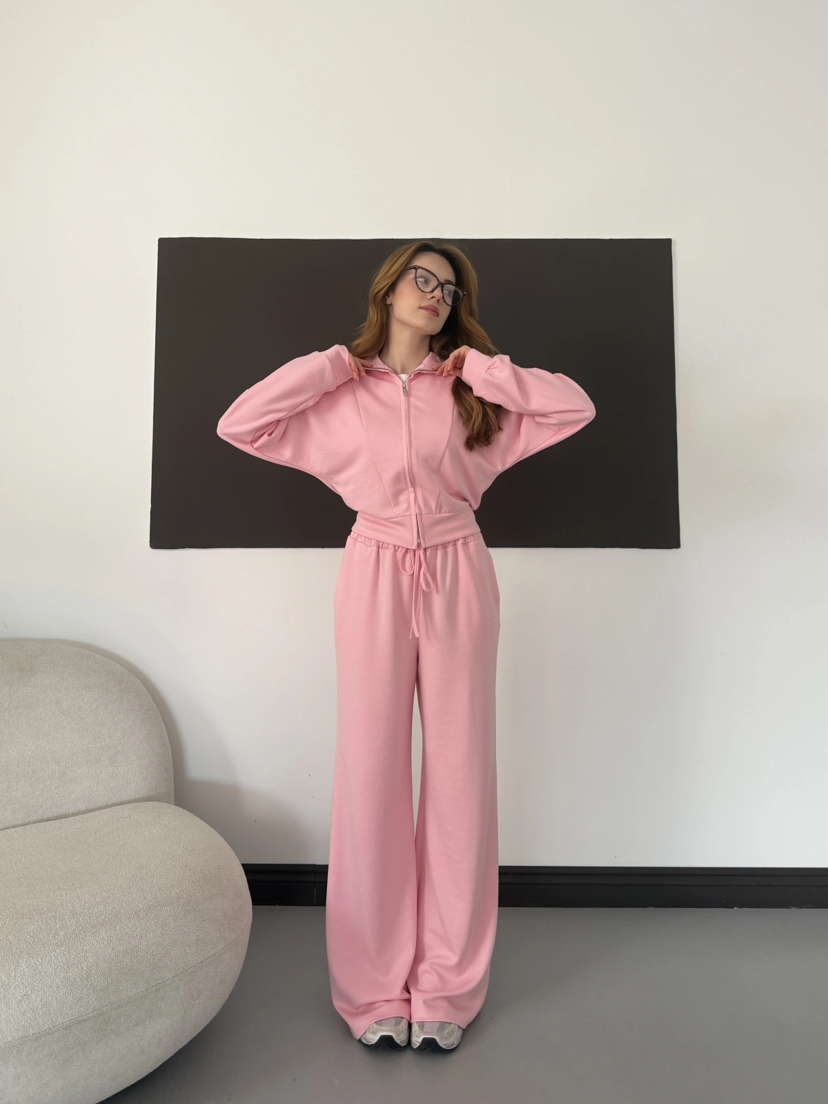 Kapüşonlu Modal Bol Paça İkili Takım Pembe