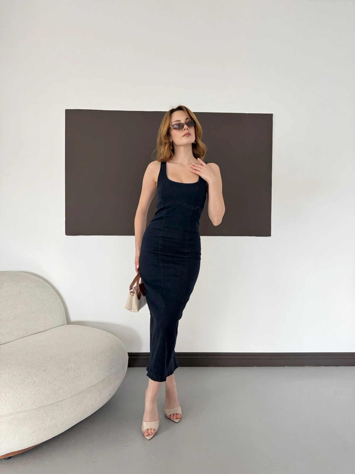 Kare Yaka Kalın Askılı Denim Elbise Lacivert