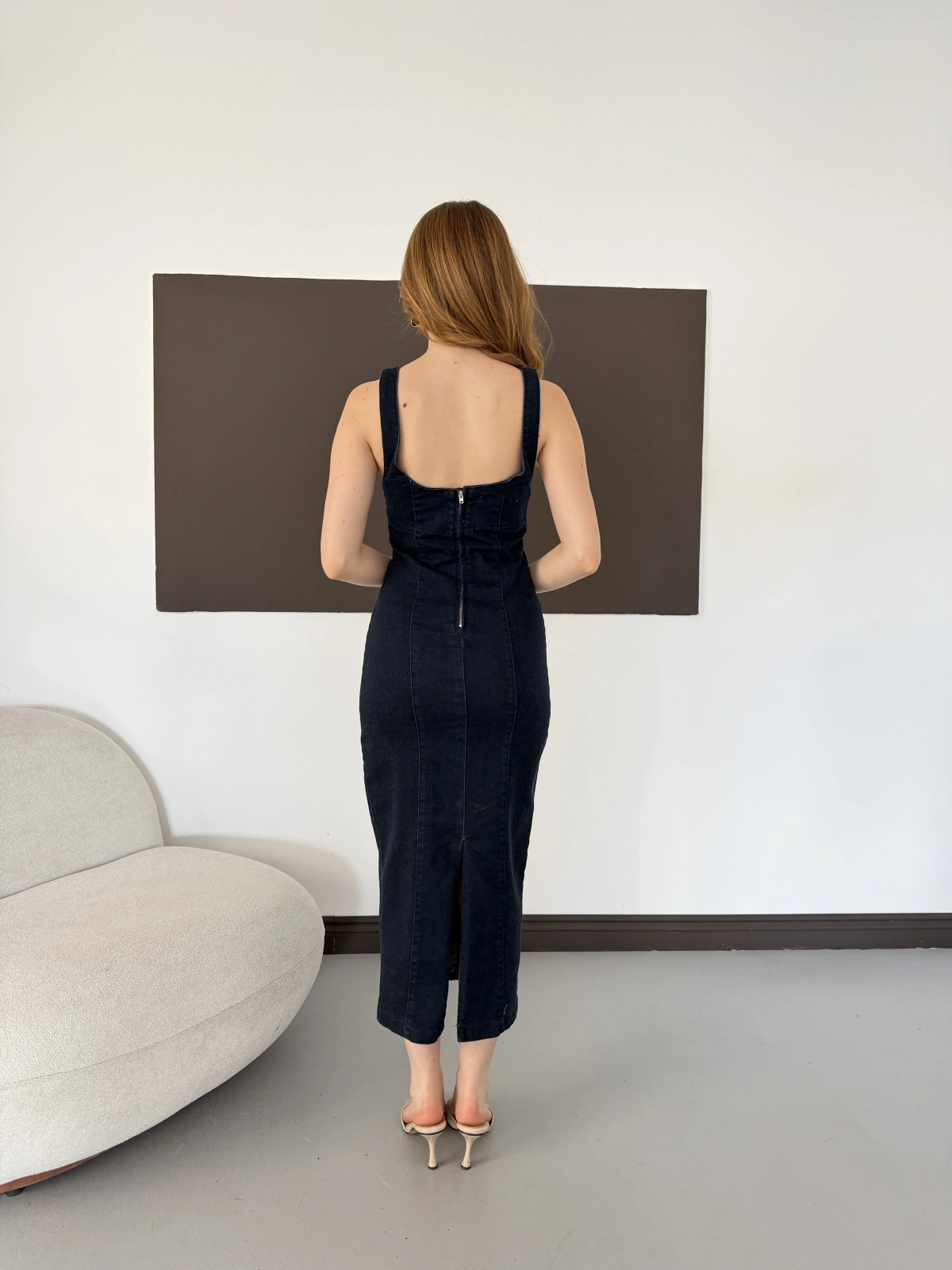 Kare Yaka Kalın Askılı Denim Elbise Lacivert
