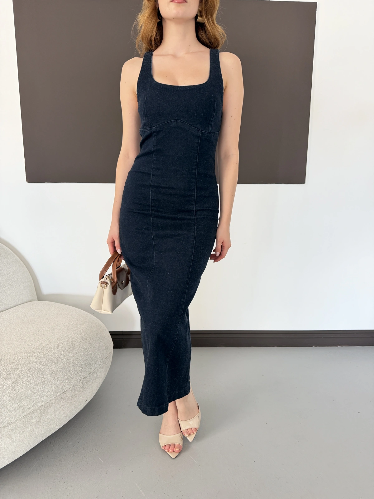 Kare Yaka Kalın Askılı Denim Elbise Lacivert