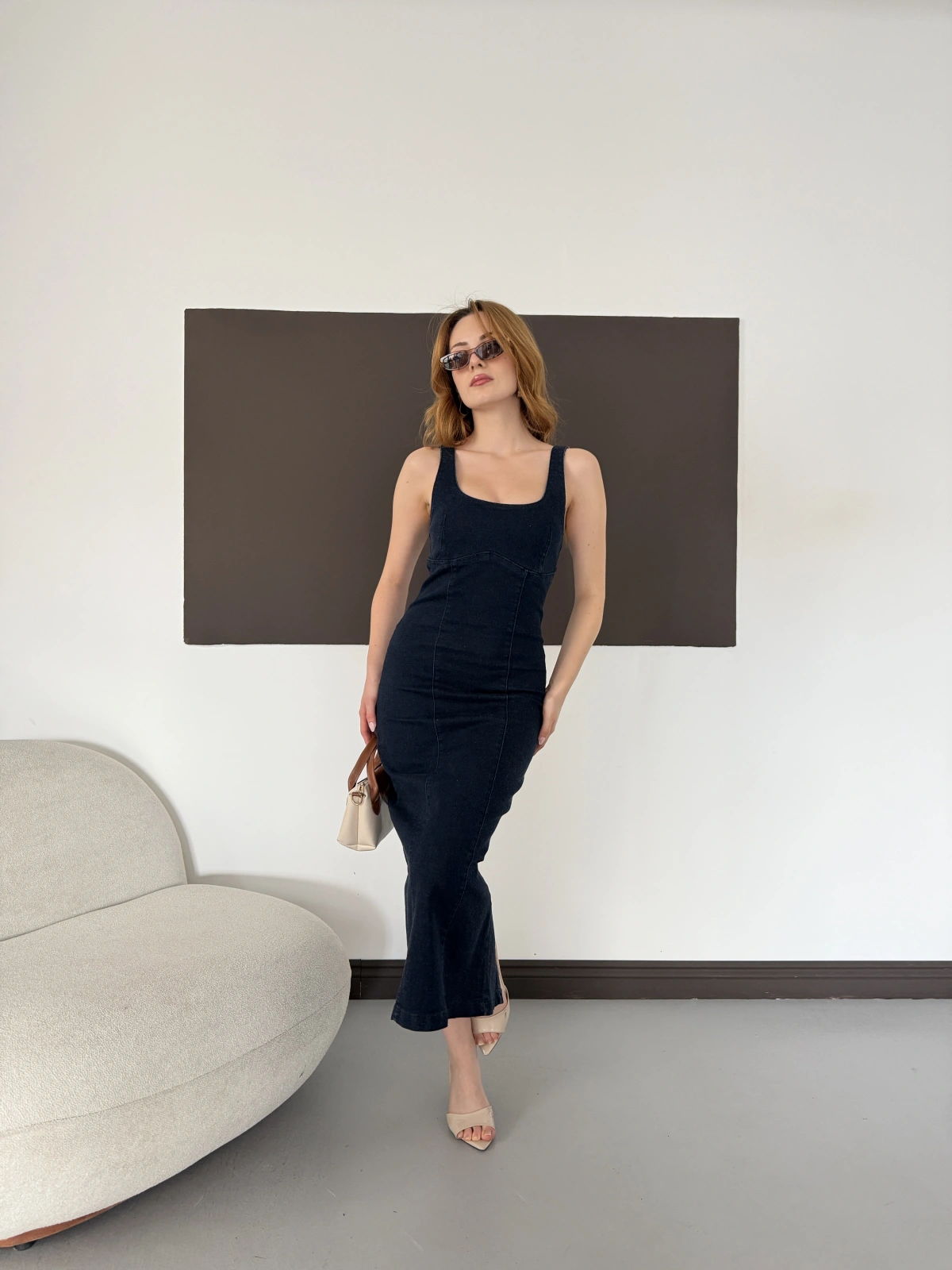 Kare Yaka Kalın Askılı Denim Elbise Lacivert