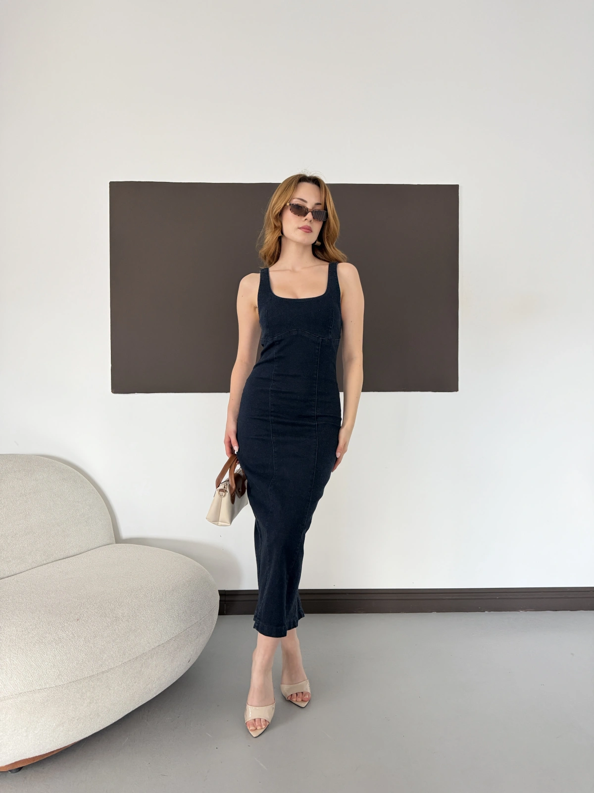 Kare Yaka Kalın Askılı Denim Elbise Lacivert