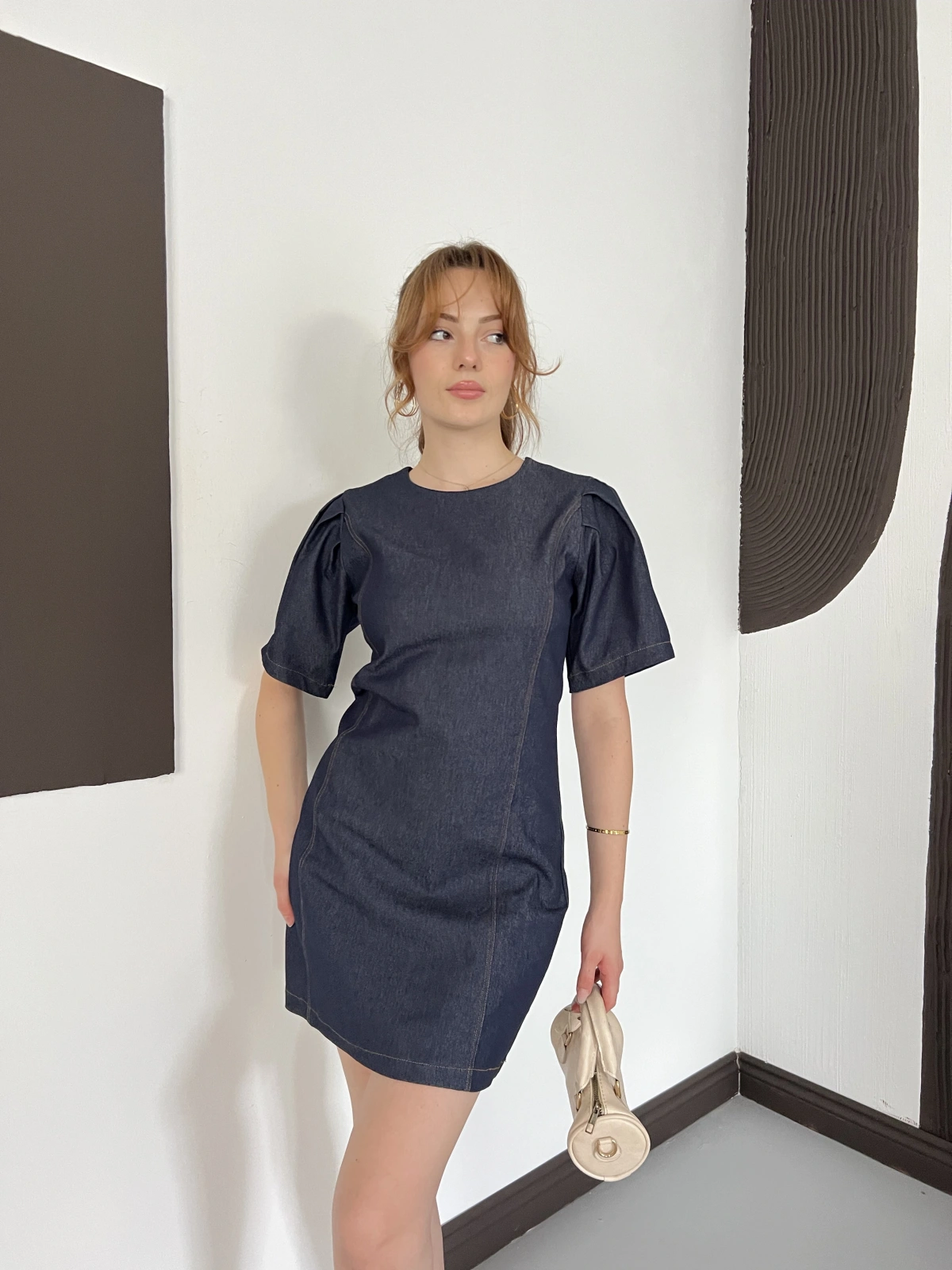 Karpuz Kol Mini Denim Elbise Lacivert