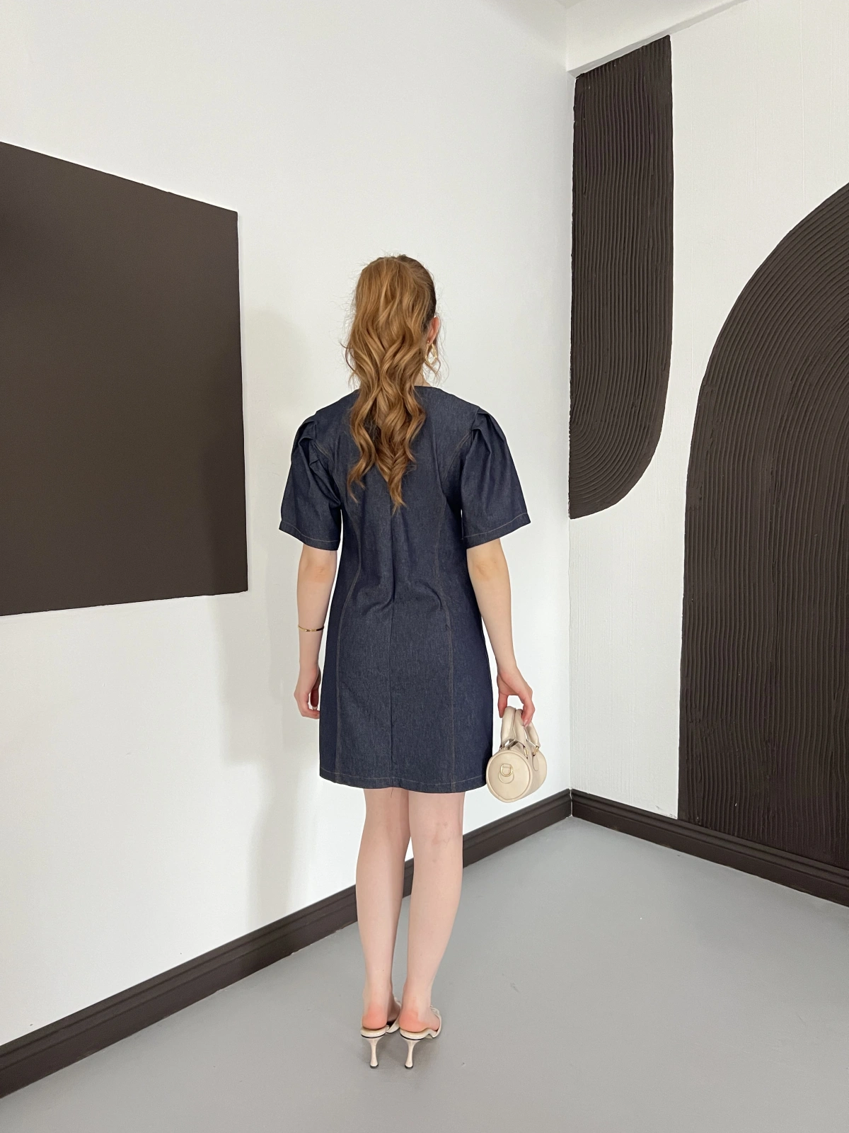 Karpuz Kol Mini Denim Elbise Lacivert