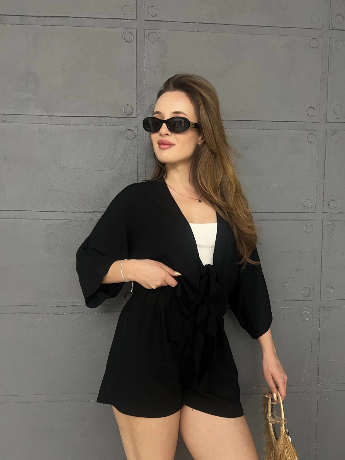 Kilim Desen Şortlu Kimono Takım Siyah