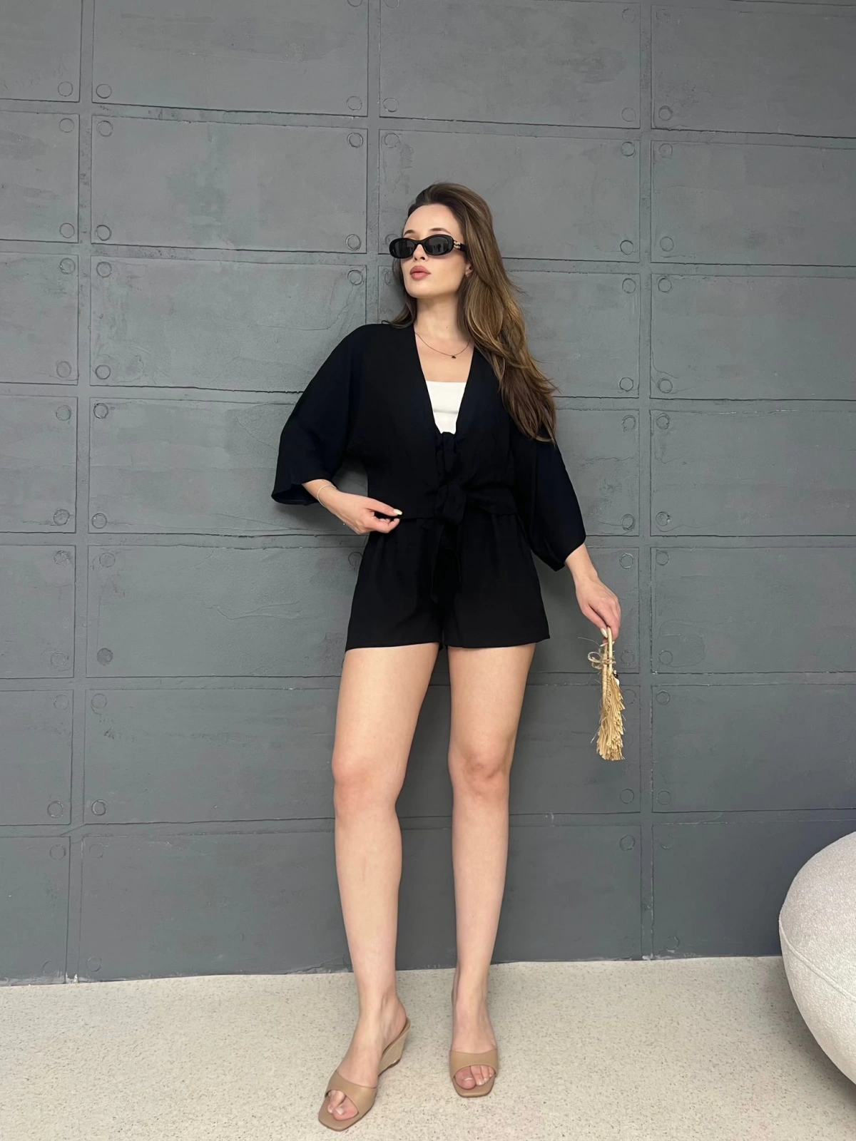 Kilim Desen Şortlu Kimono Takım Siyah