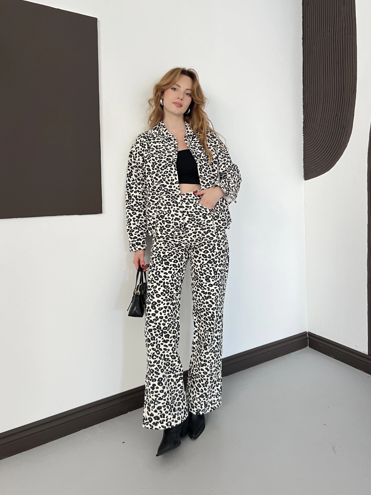 Leopar Desenli Denim Ceket-Pantolon Takım