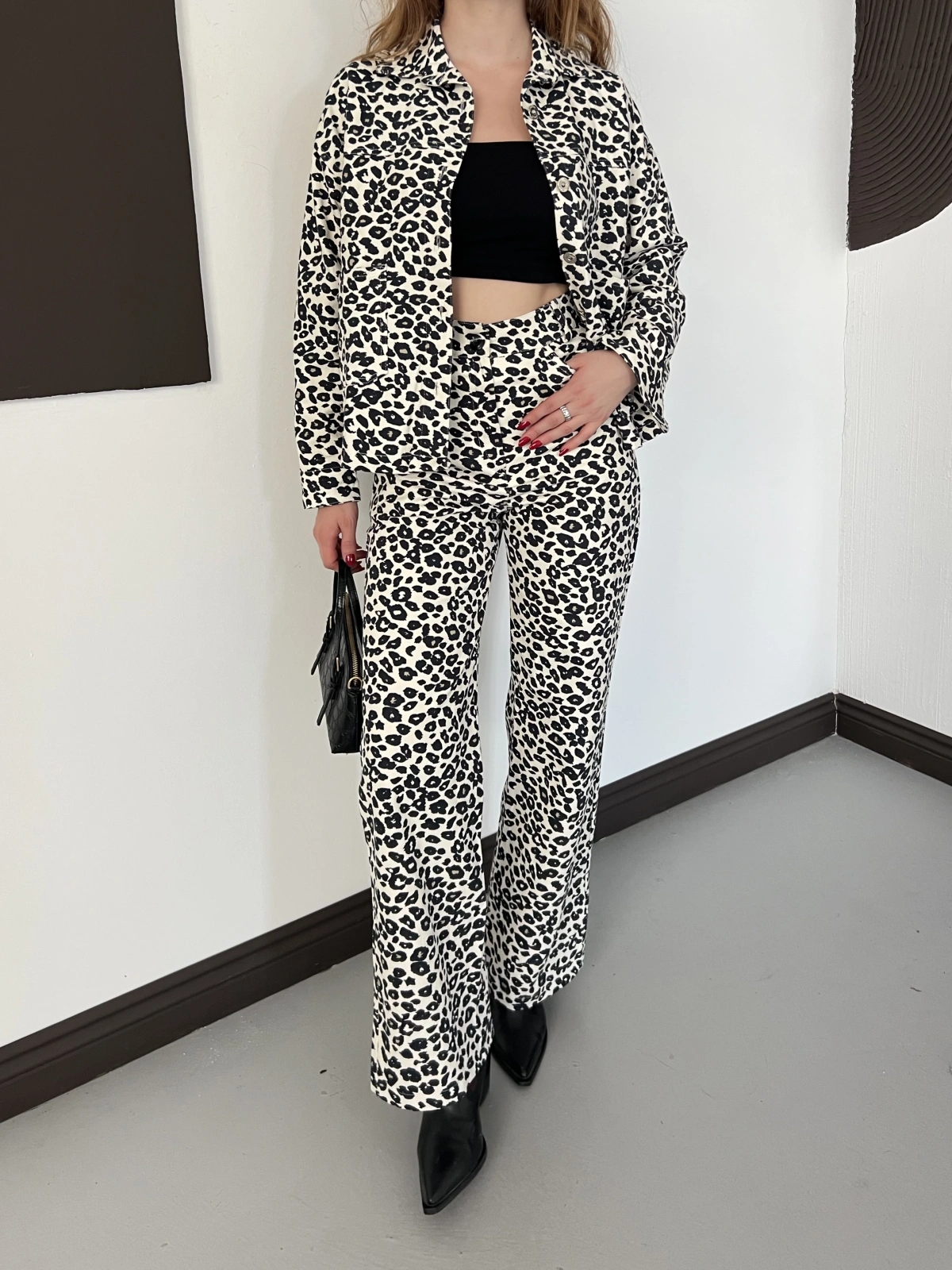 Leopar Desenli Denim Ceket-Pantolon Takım