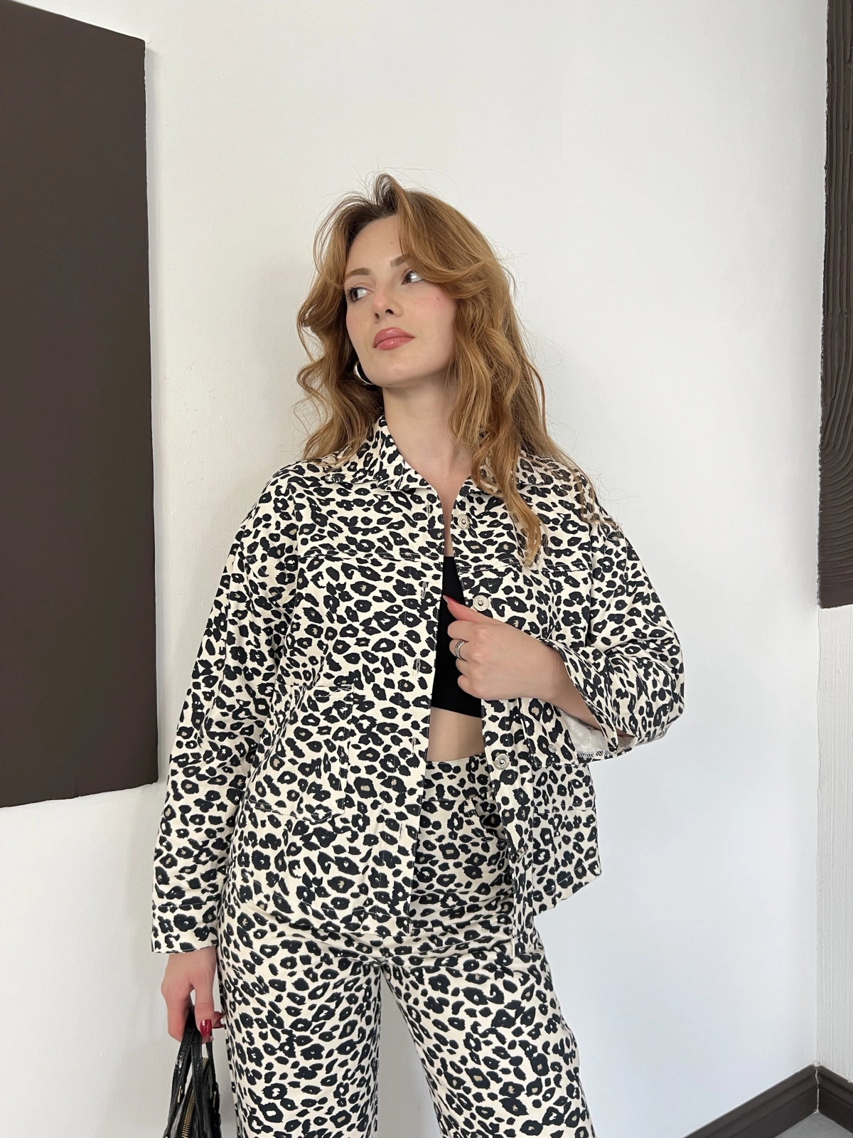 Leopar Desenli Denim Ceket-Pantolon Takım