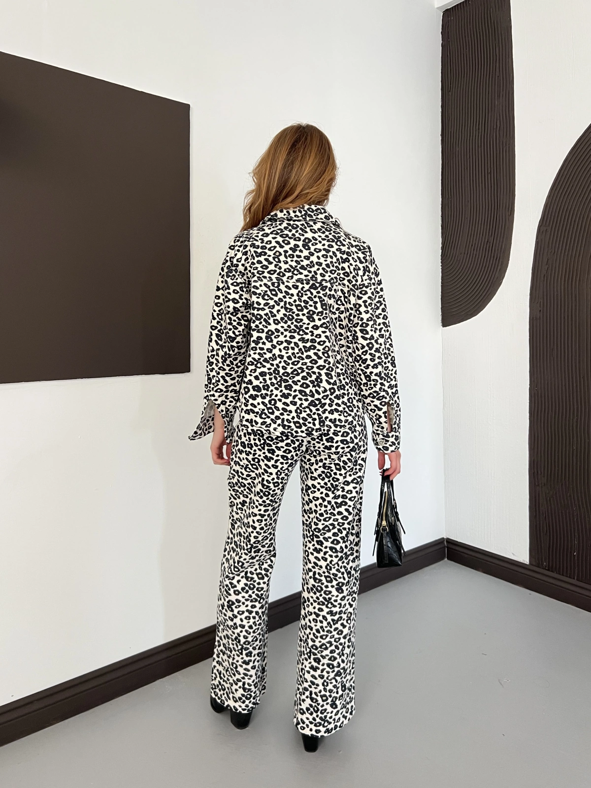 Leopar Desenli Denim Ceket-Pantolon Takım