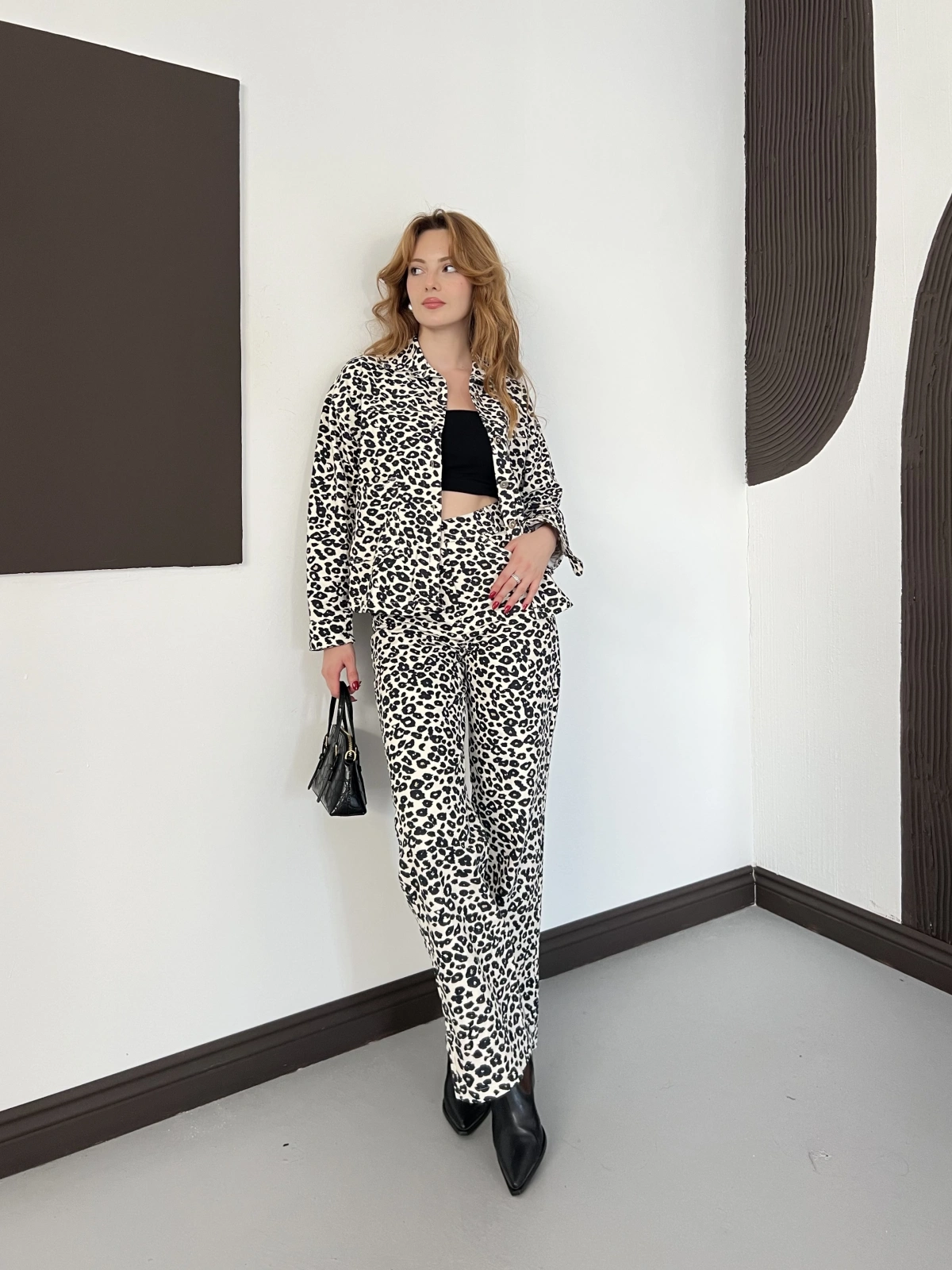 Leopar Desenli Denim Ceket-Pantolon Takım