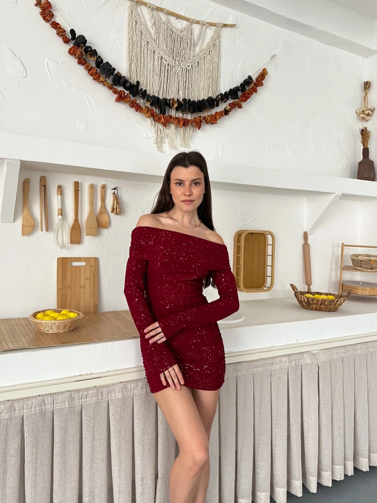 Madonna Yaka Simli Mini Elbise Bordo