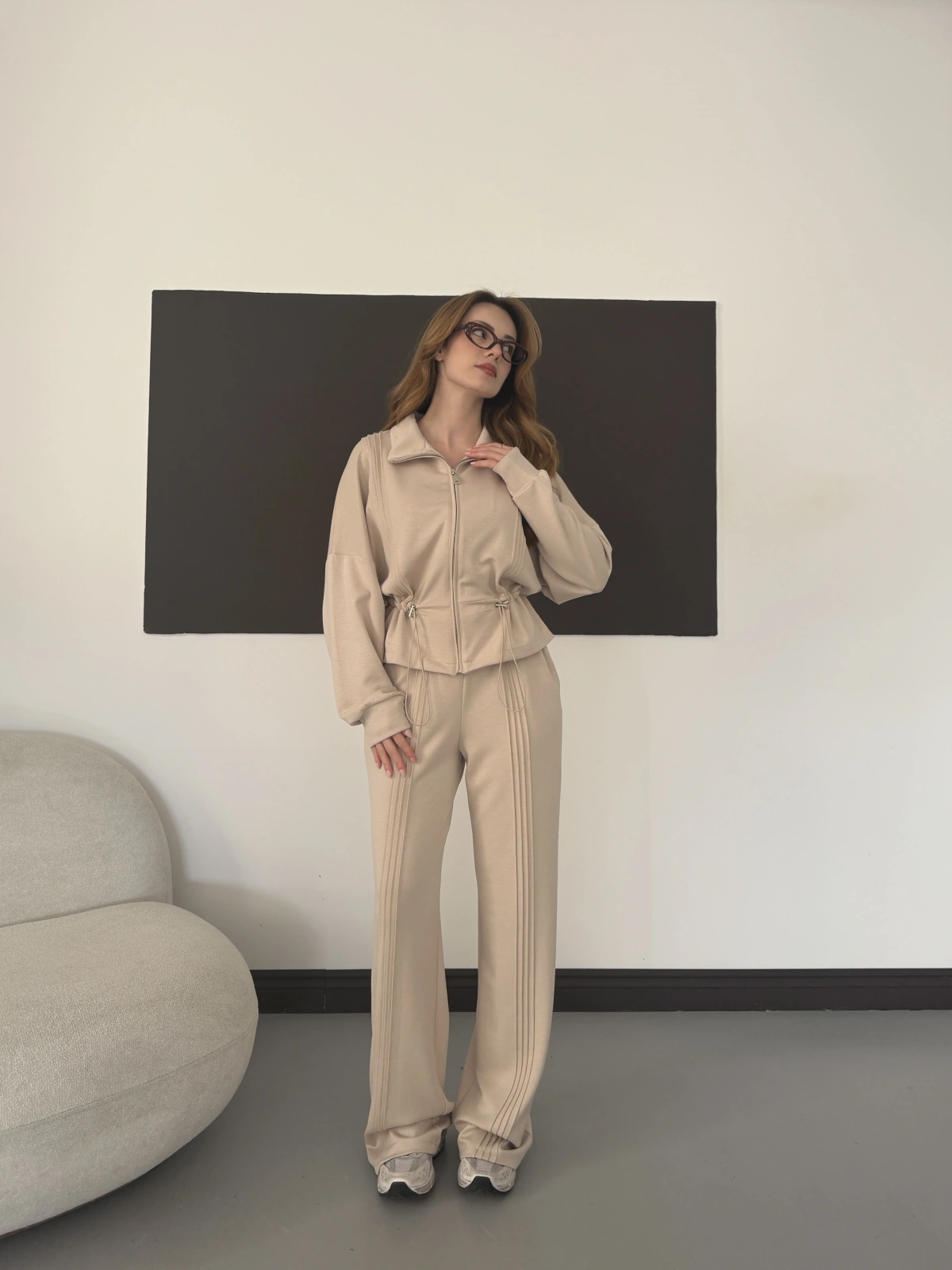 Modal Kumaş Bel Büzgü Detaylı Takım Bej